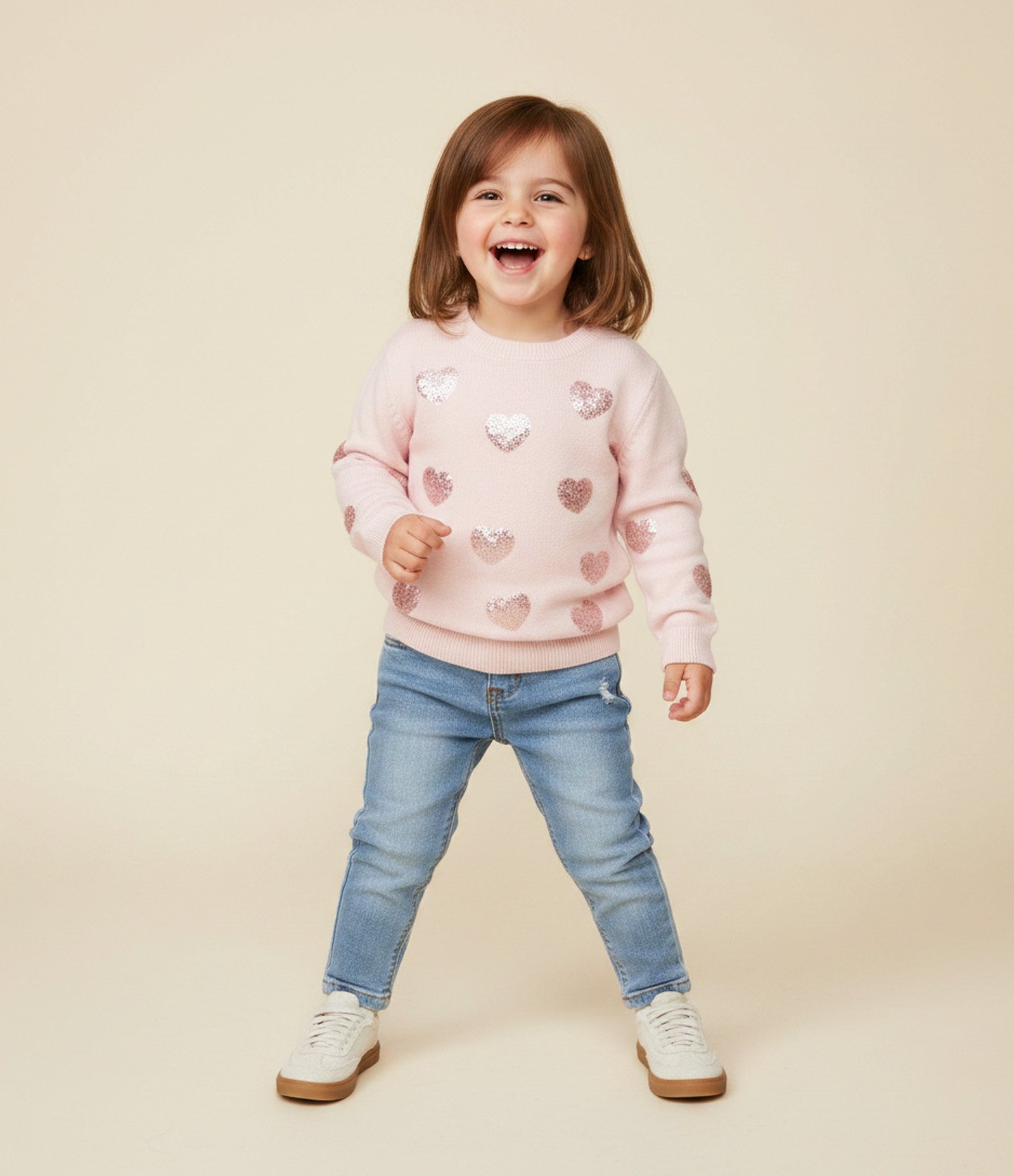 Suéter Infantil em Tricô com Corações em Paetê – Tam 1 a 6 Anos Rosa Bebê 1