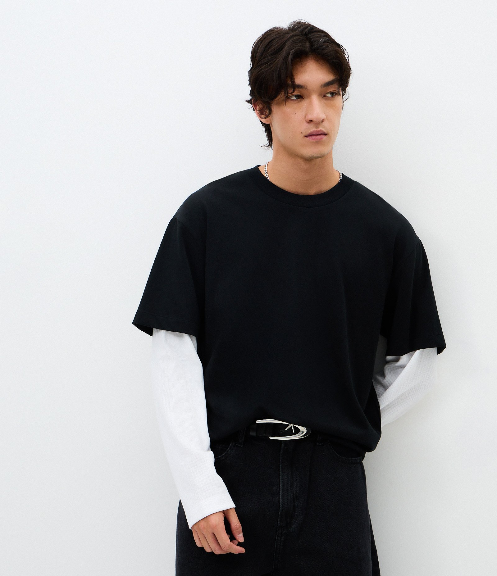Camiseta Oversized Manga Longa em Algodão com Manga Curta Sobreposta Preto 1