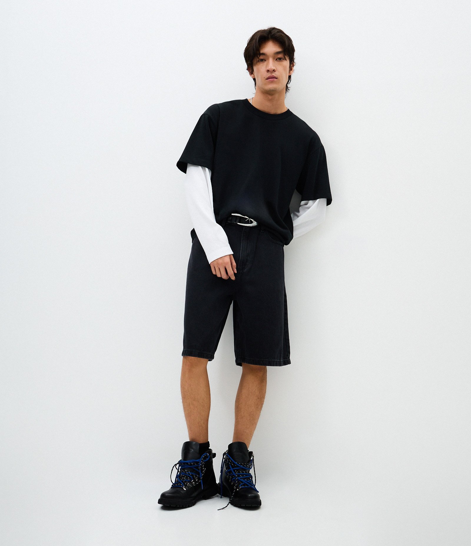 Camiseta Oversized Manga Longa em Algodão com Manga Curta Sobreposta Preto 2