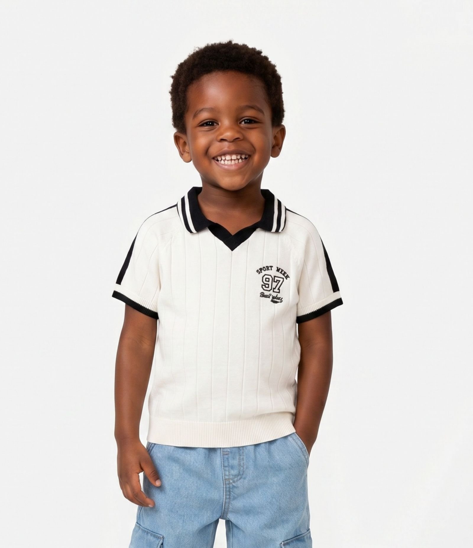 Camiseta Comfort em Algodão Texturizado com Gola Polo Infantil - Tam 1 a 6 Anos Branco 1