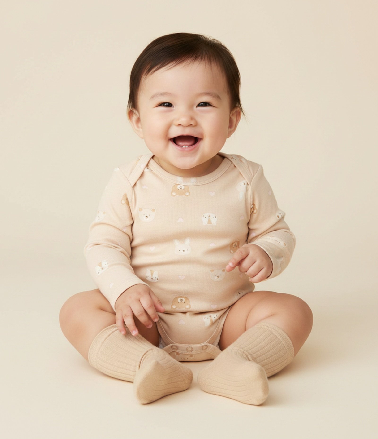 Body Infantil com Estampa Ursinho e Corações – Tam RN a 18 Meses Bege Claro 1