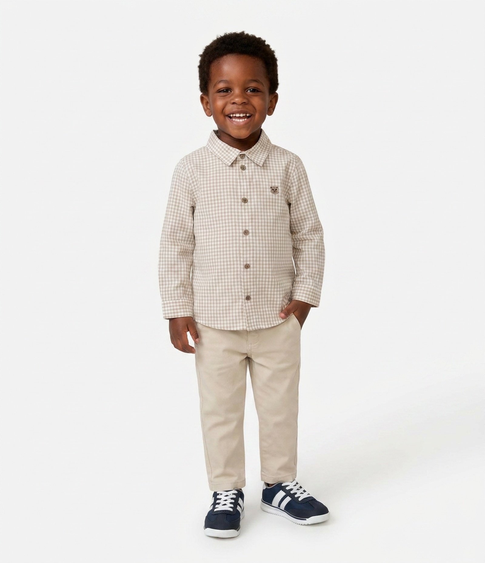 Camisa Infantil em Flanela Xadrez e Bordado Ursinho - Tam 1 a 6 Anos Bege 1
