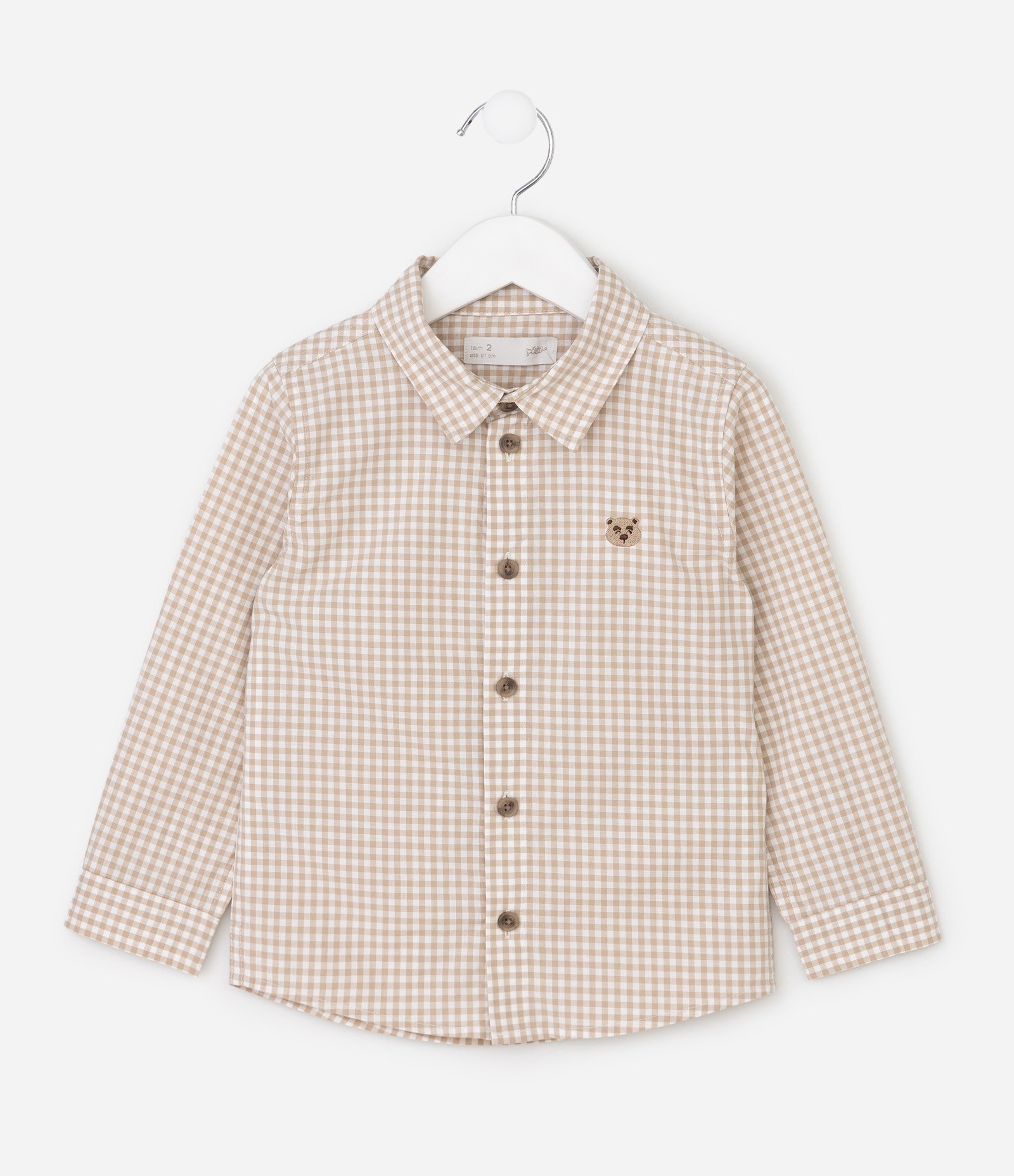 Camisa Infantil em Flanela Xadrez e Bordado Ursinho - Tam 1 a 6 Anos Bege 2