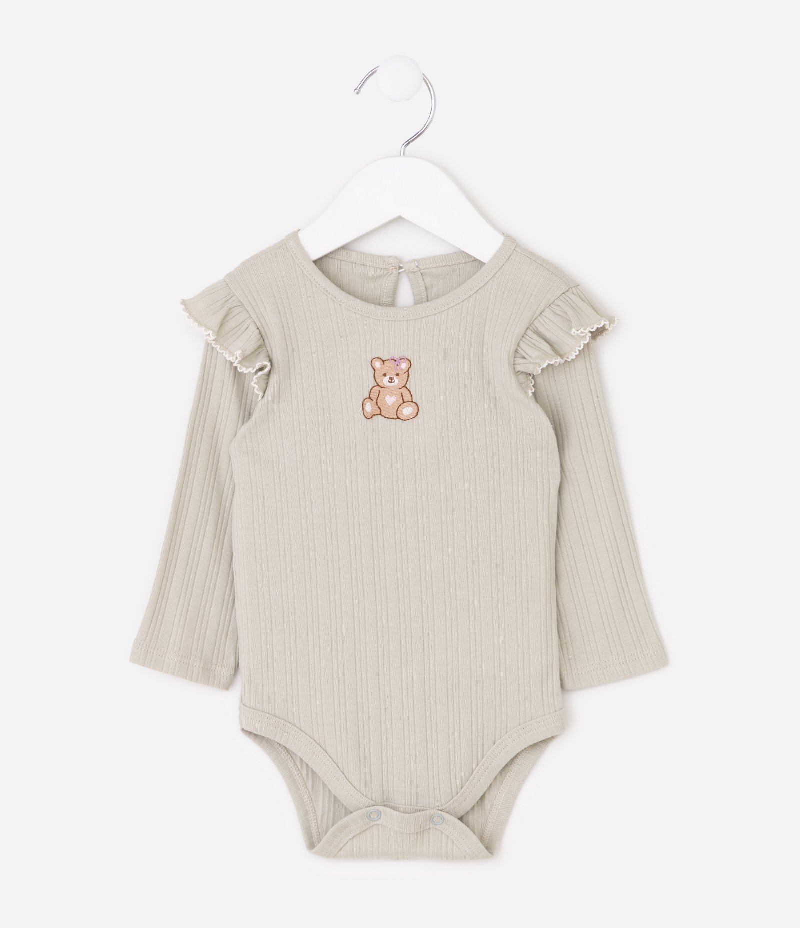 Body Infantil com Bordado de Urso e Babados – Tam 0 a 18 Meses Verde Acinzentado 1