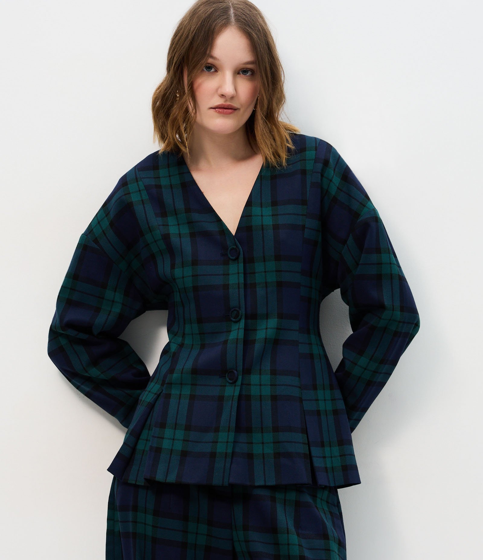 Blazer Peplum Alfaiatado com Estampa Xadrez Azul 1