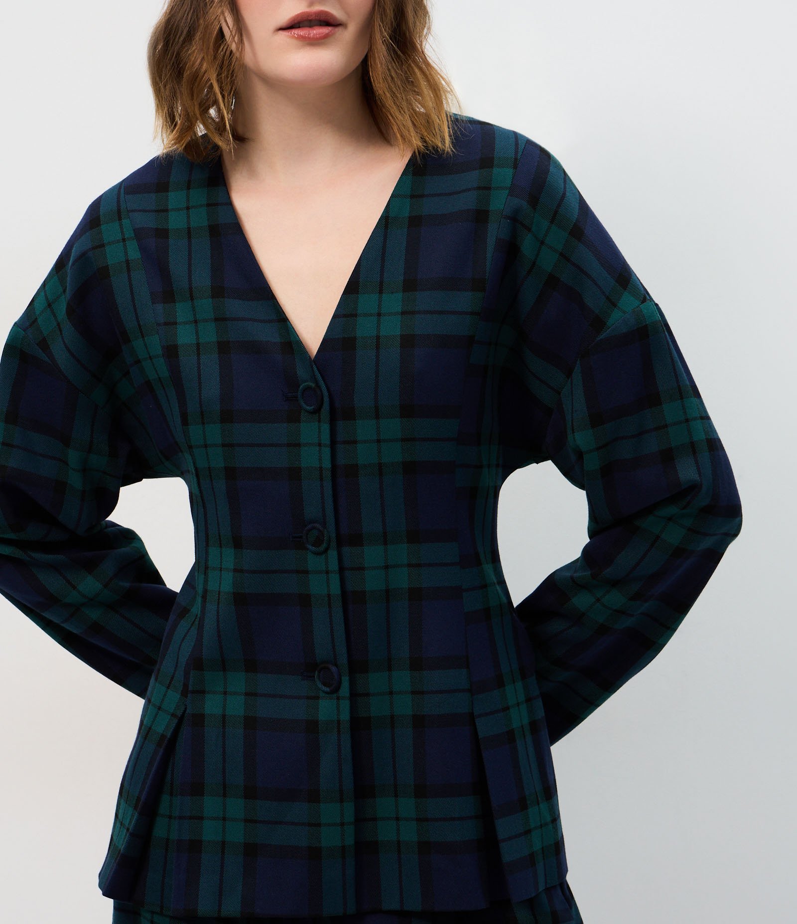 Blazer Peplum Alfaiatado com Estampa Xadrez Azul 4