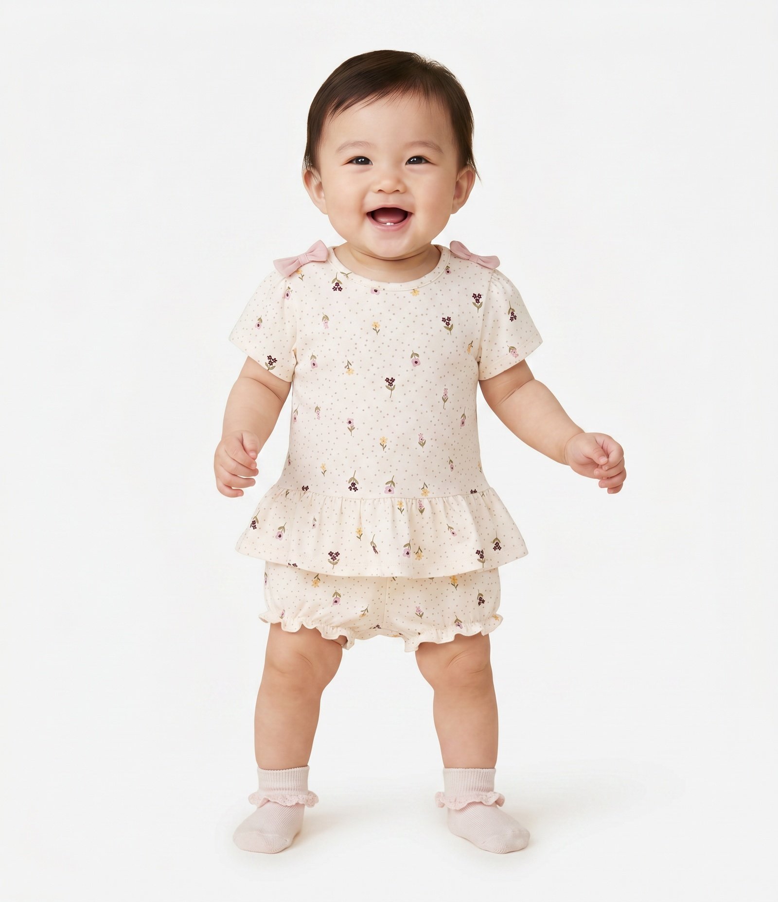 Conjunto Infantil Blusa Manga Curta e Short Floral Poá – Tam 0 a 18 Meses Off White 1