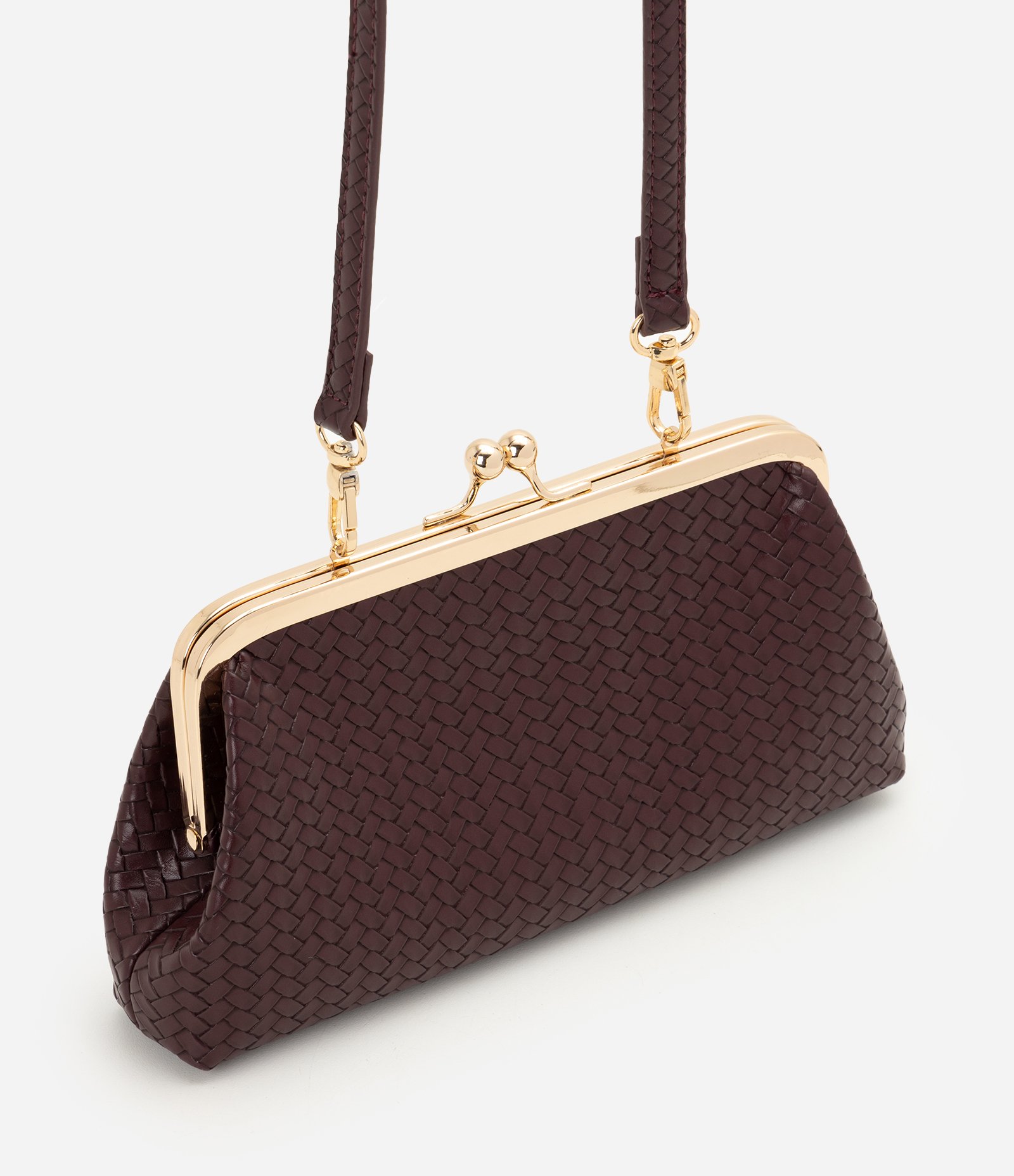 Bolsa Clutch Média em PU Texturizado com Alça Longa Removível Vinho 1