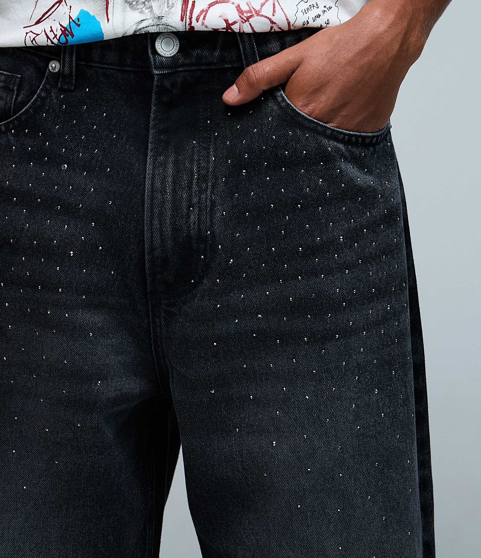 Calça Baggy Relaxed Jeans com Aplicação de Brilhos Veigh Preto 4