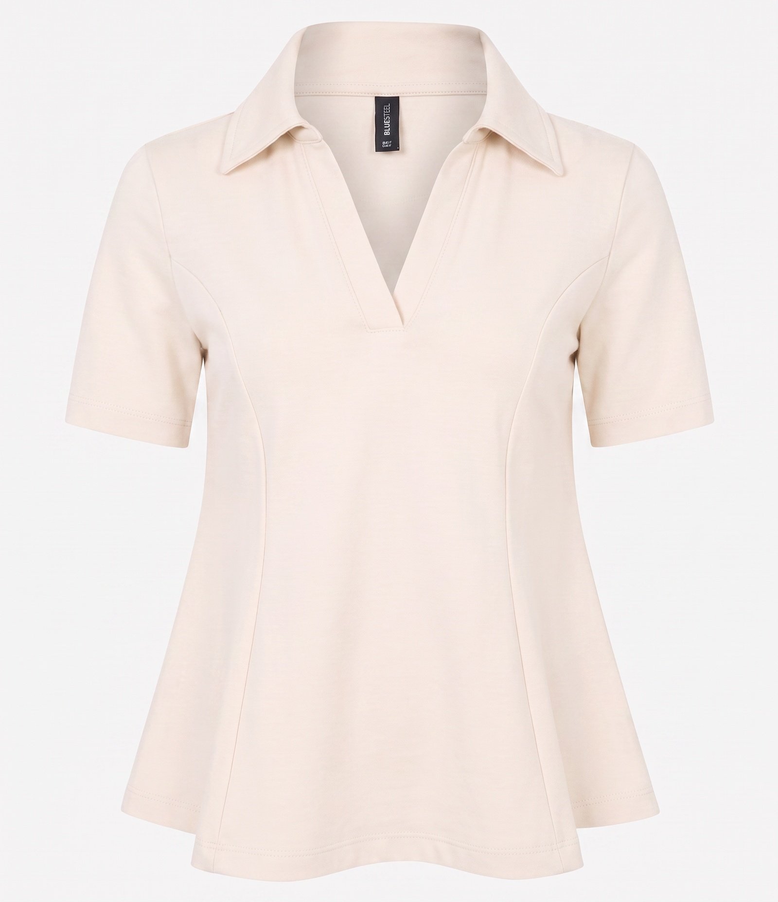 Blusa em Meia Malha com Gola Polo e Modelagem Peplum Bege Claro 4