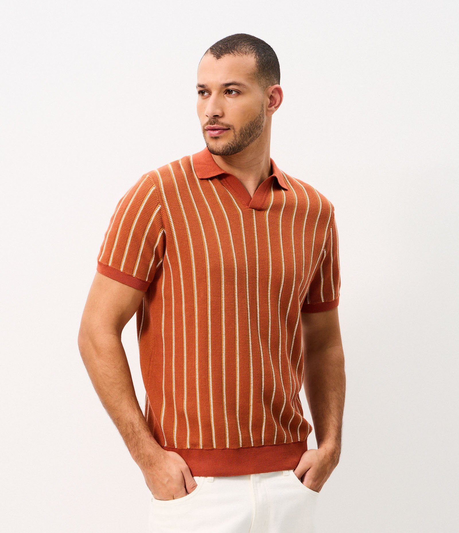 Polo Tricô Listrada Texturizada Marrom 1