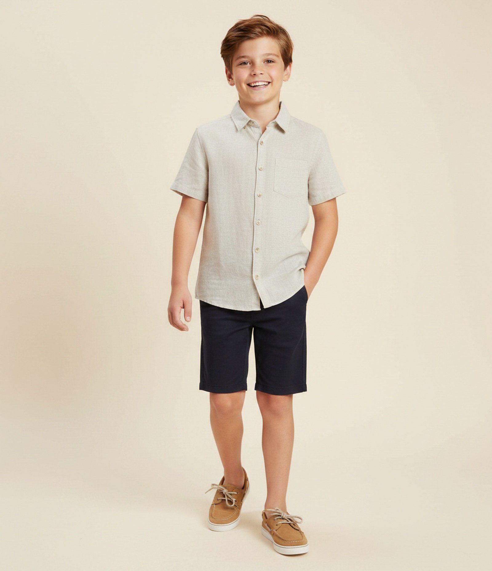 Camisa Infantil com Botões e Bolso – Tam 5 a 14 Anos Bege Claro 1