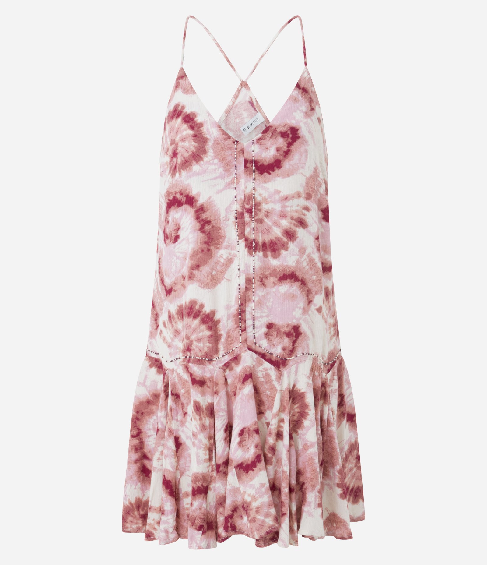 Vestido Curto em Crepe Tie Dye com Babado Bege 1