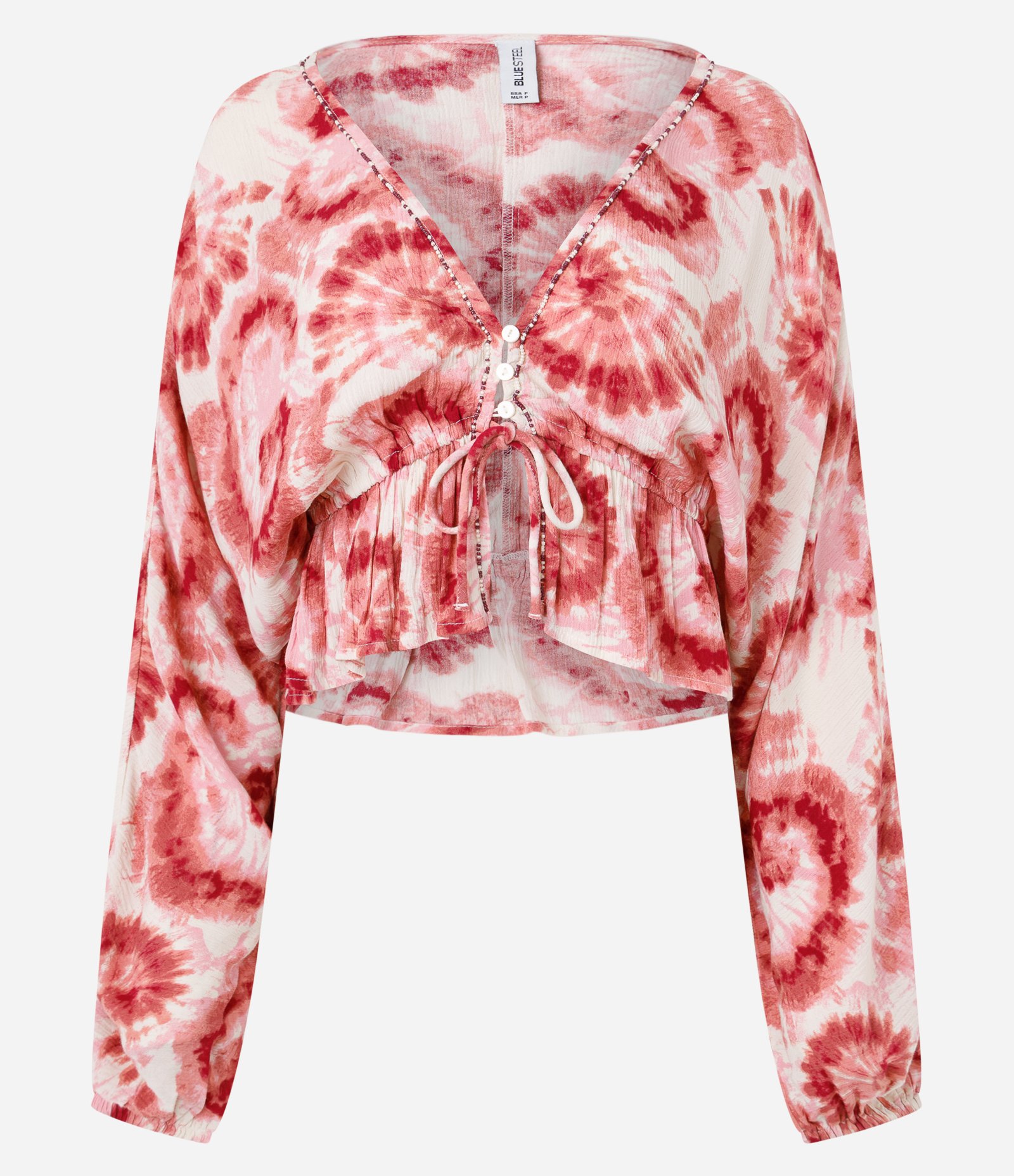 Blusa Bata em Crepe Tie Dye com Decote V e Detalhe em Miçangas Rosa 1