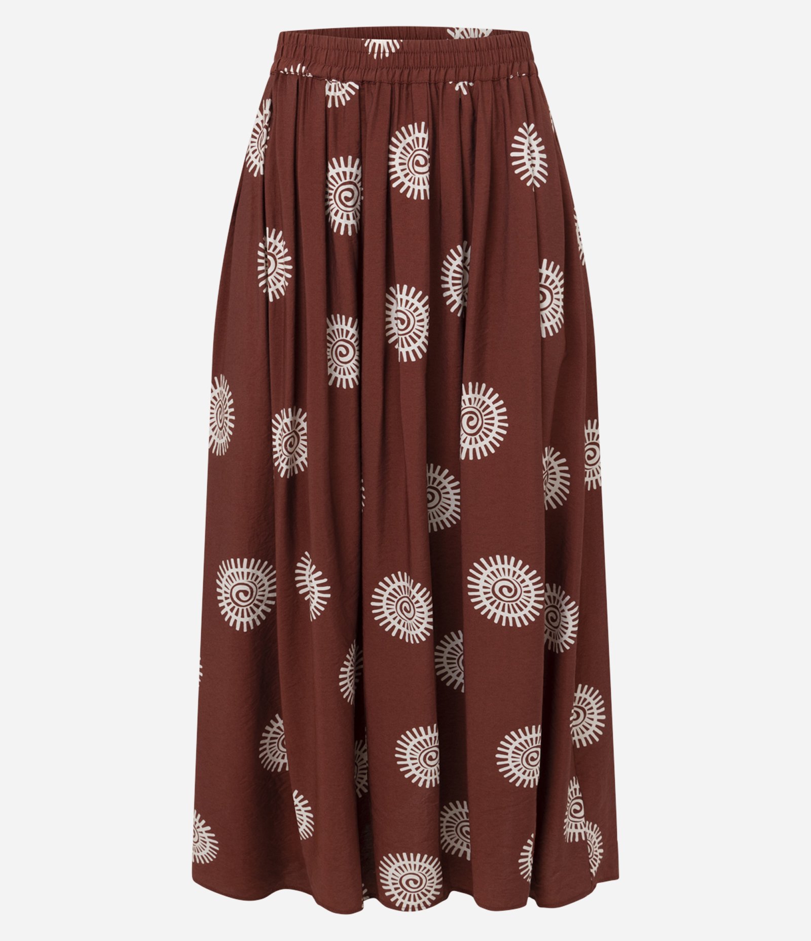 Saia Midi Evasê Estampada com Cós Elástico Marrom 1