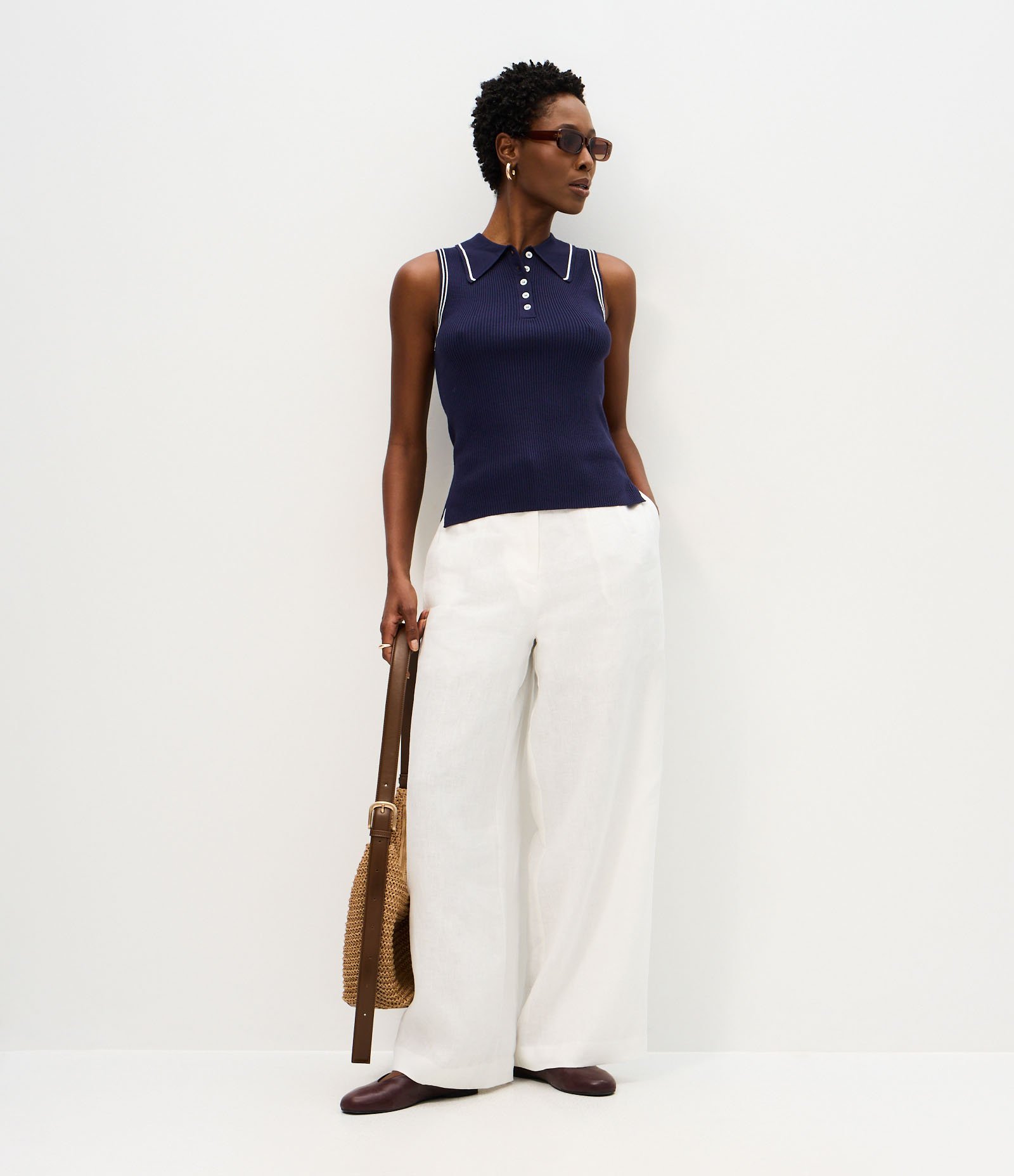 Blusa Regular em Tricô com Viés Contrastantes Azul 1