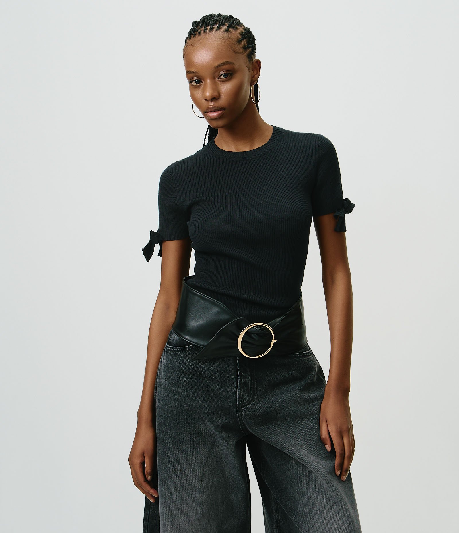 Blusa Regular em Tricô com Lacinho nas Mangas Preto 1