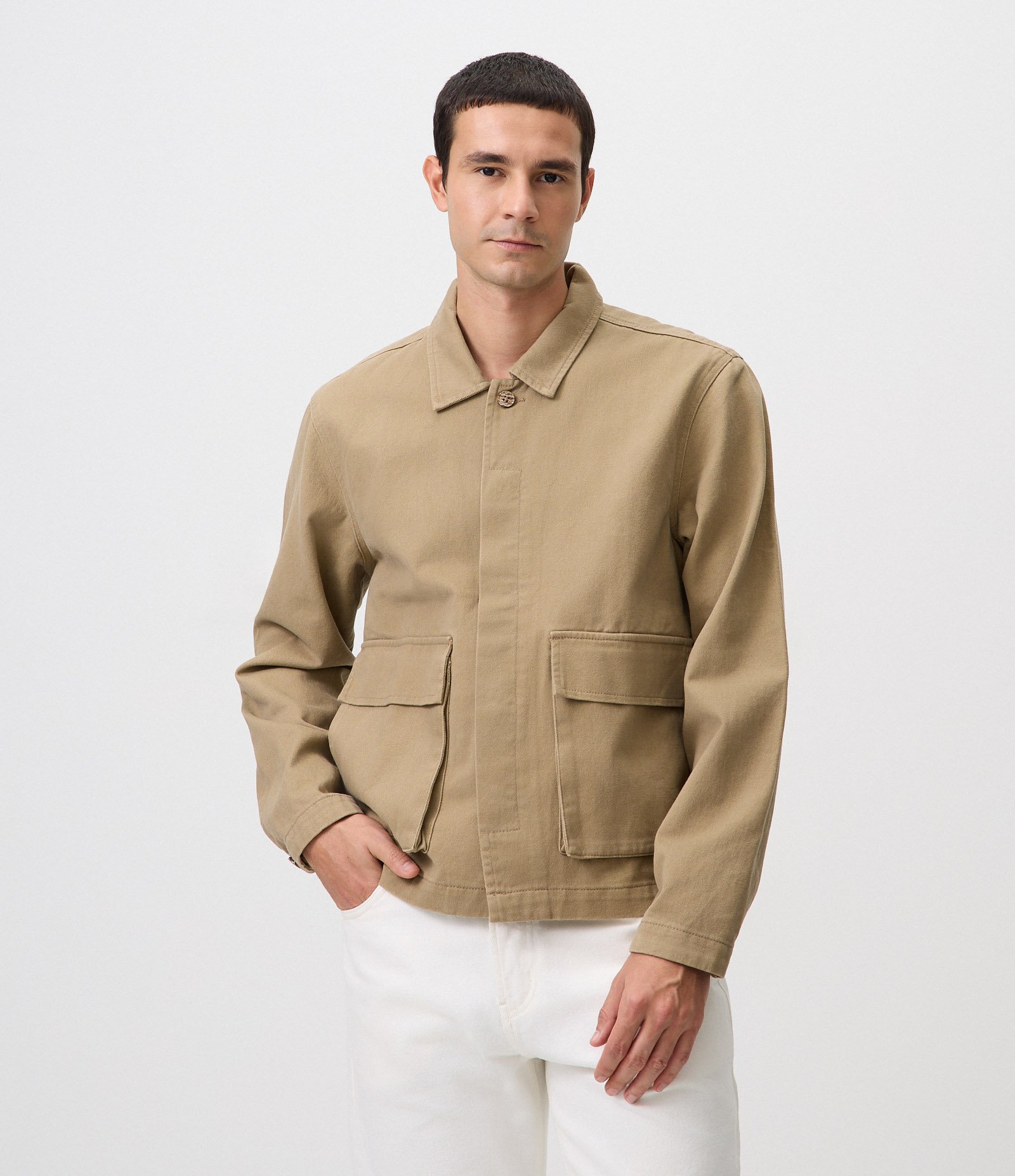 Camisa Overshirt em Sarja com Bolsos Bege 5