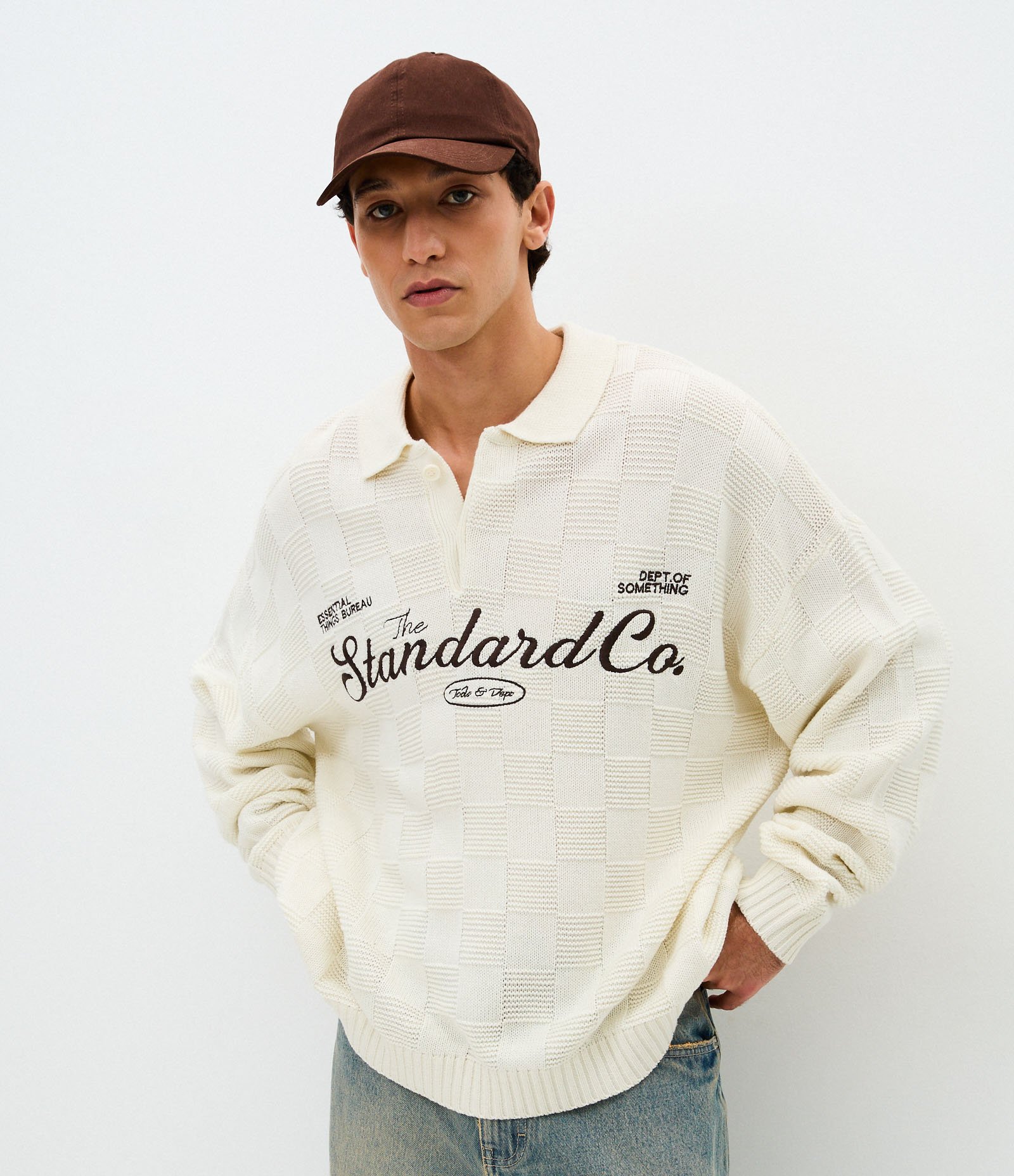 Suéter Regular em Tricô com Gola Polo e Lettering Off White 3