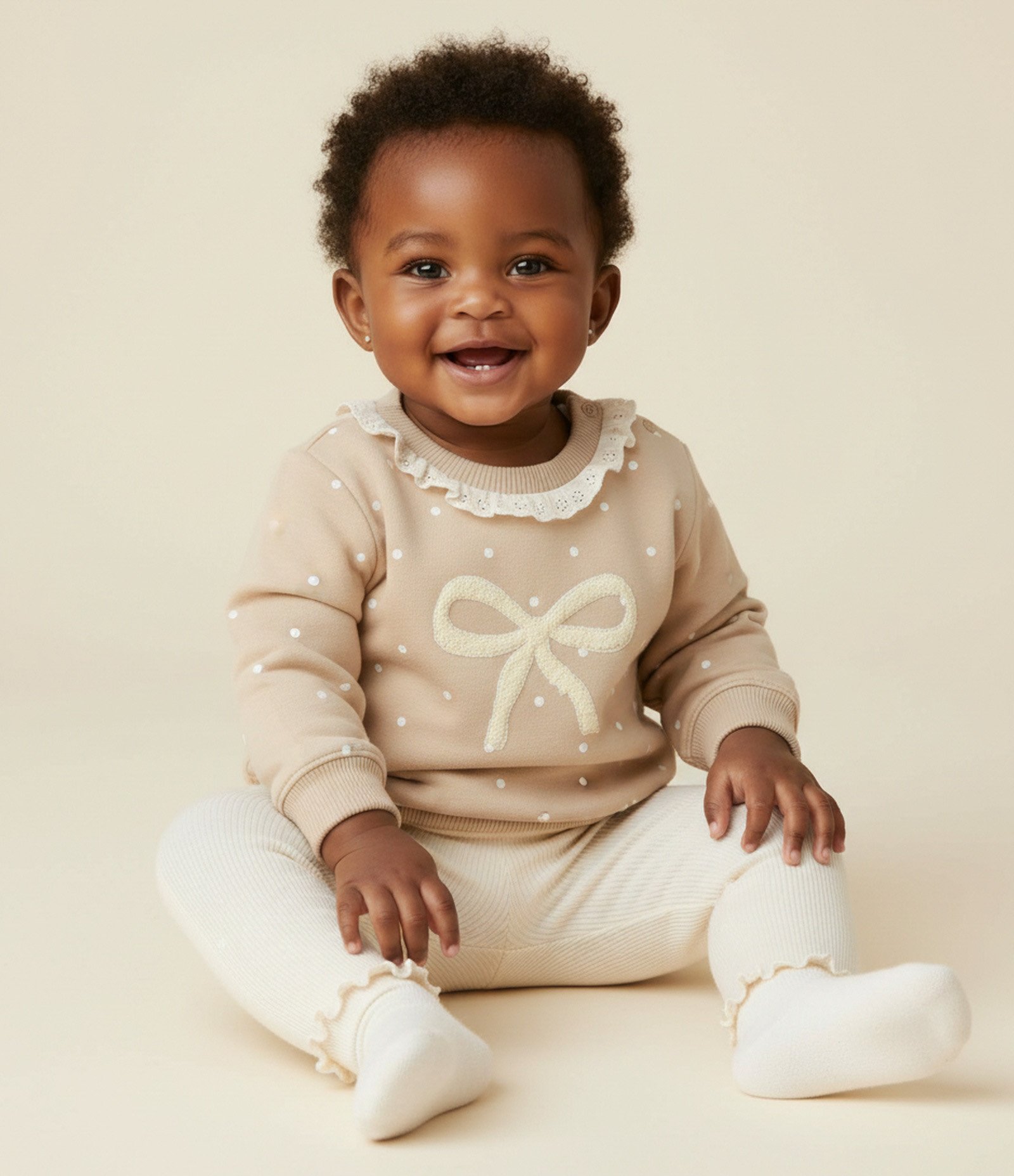Conjunto Infantil com Estampa Poá e Laço – Tam 0 a 18 Meses Bege 1