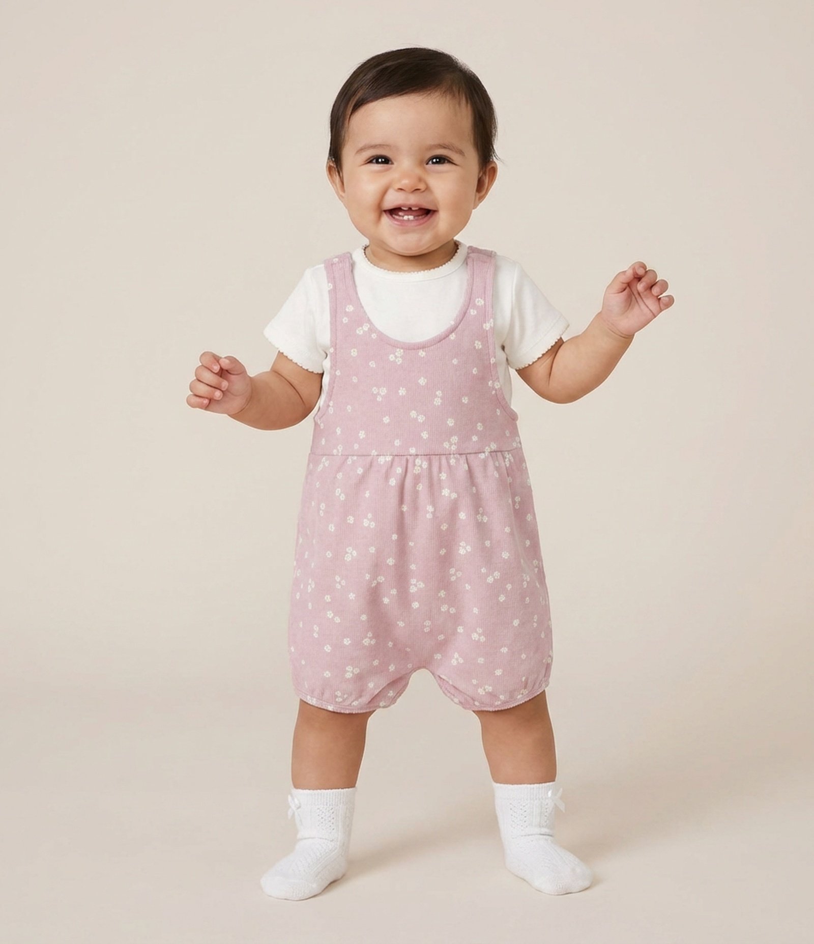 Conjunto Infantil Jardineira e Camiseta Floral Liberty – Tam 0 a 18 Meses Rosa/Branco 1