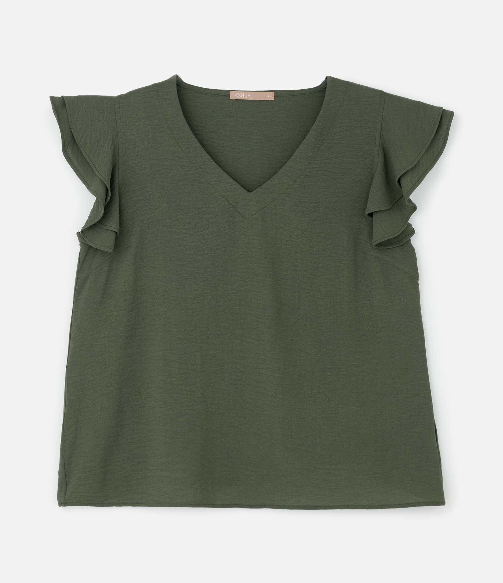 Blusa em Crepe com Babado Duplo no Ombro Curve & Plus Size Verde Escuro 1