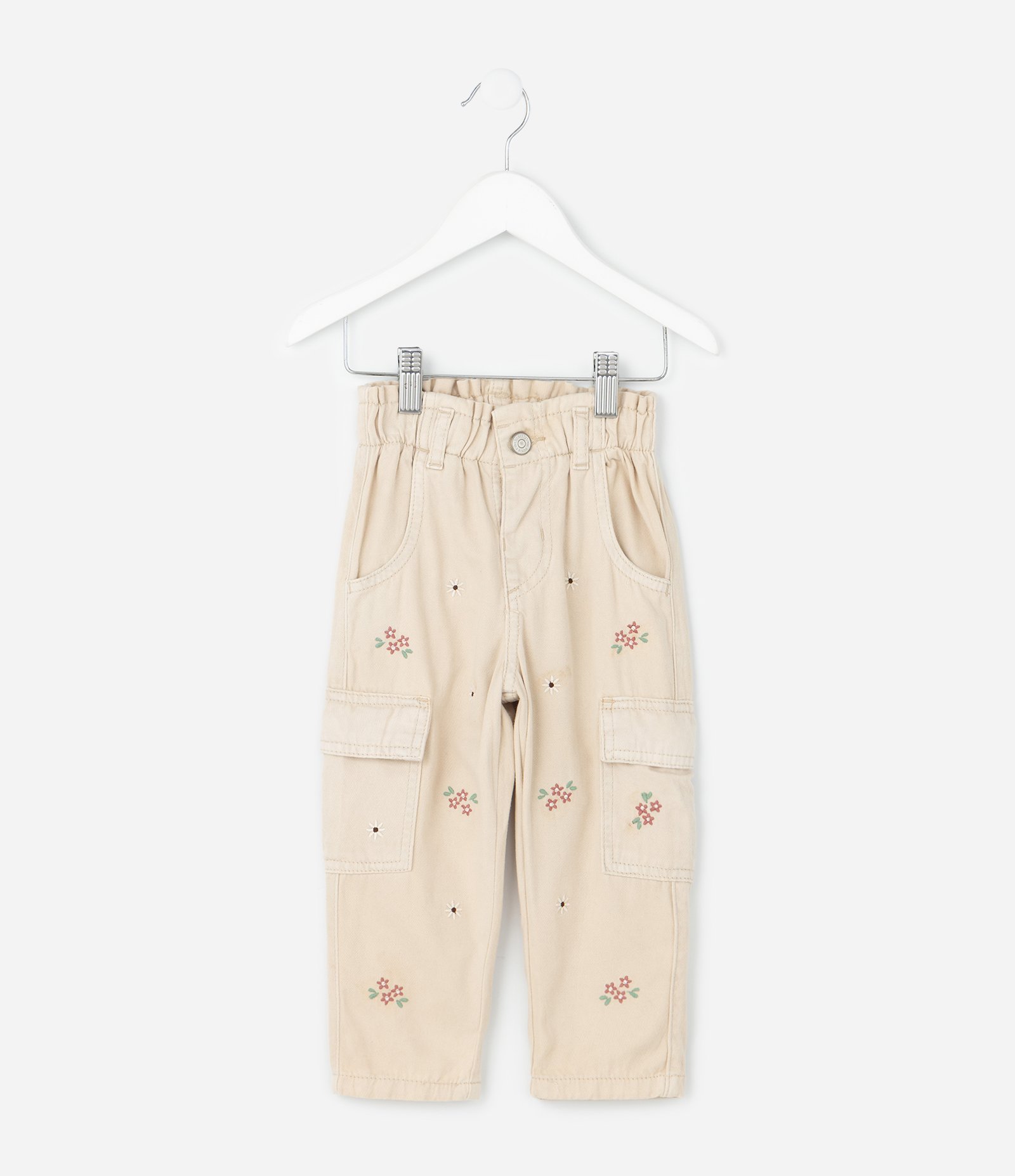 Calça Infantil em Sarja com Bordados Florais – Tam 1 a 6 Anos Bege Claro 2