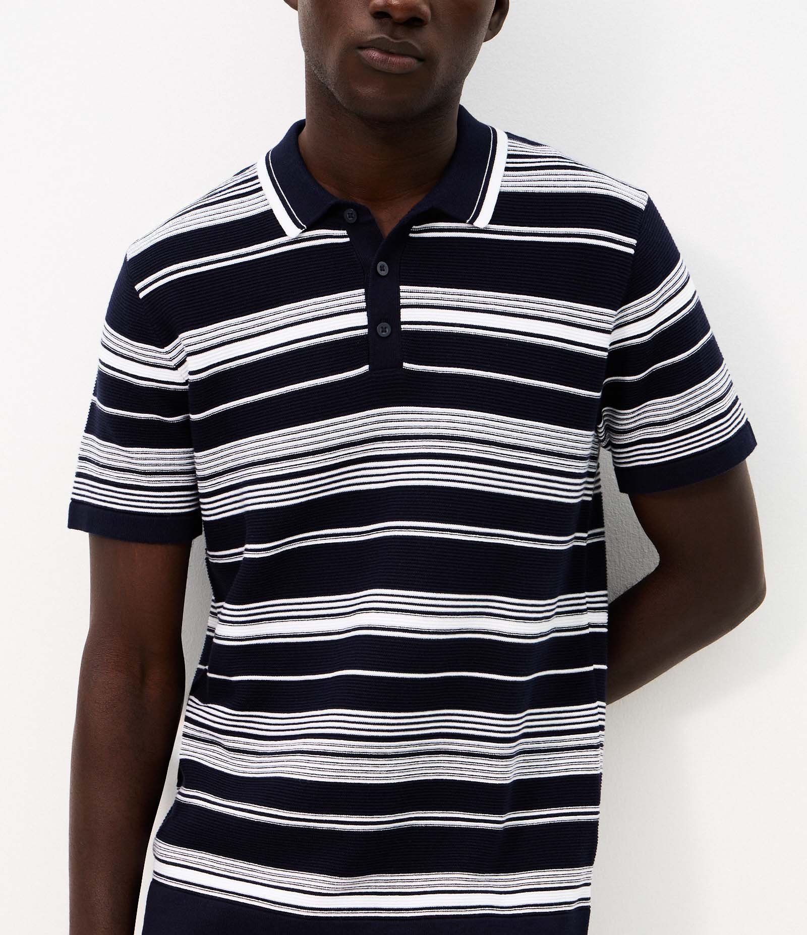 Polo Slim Listrada Tricô Azul 3