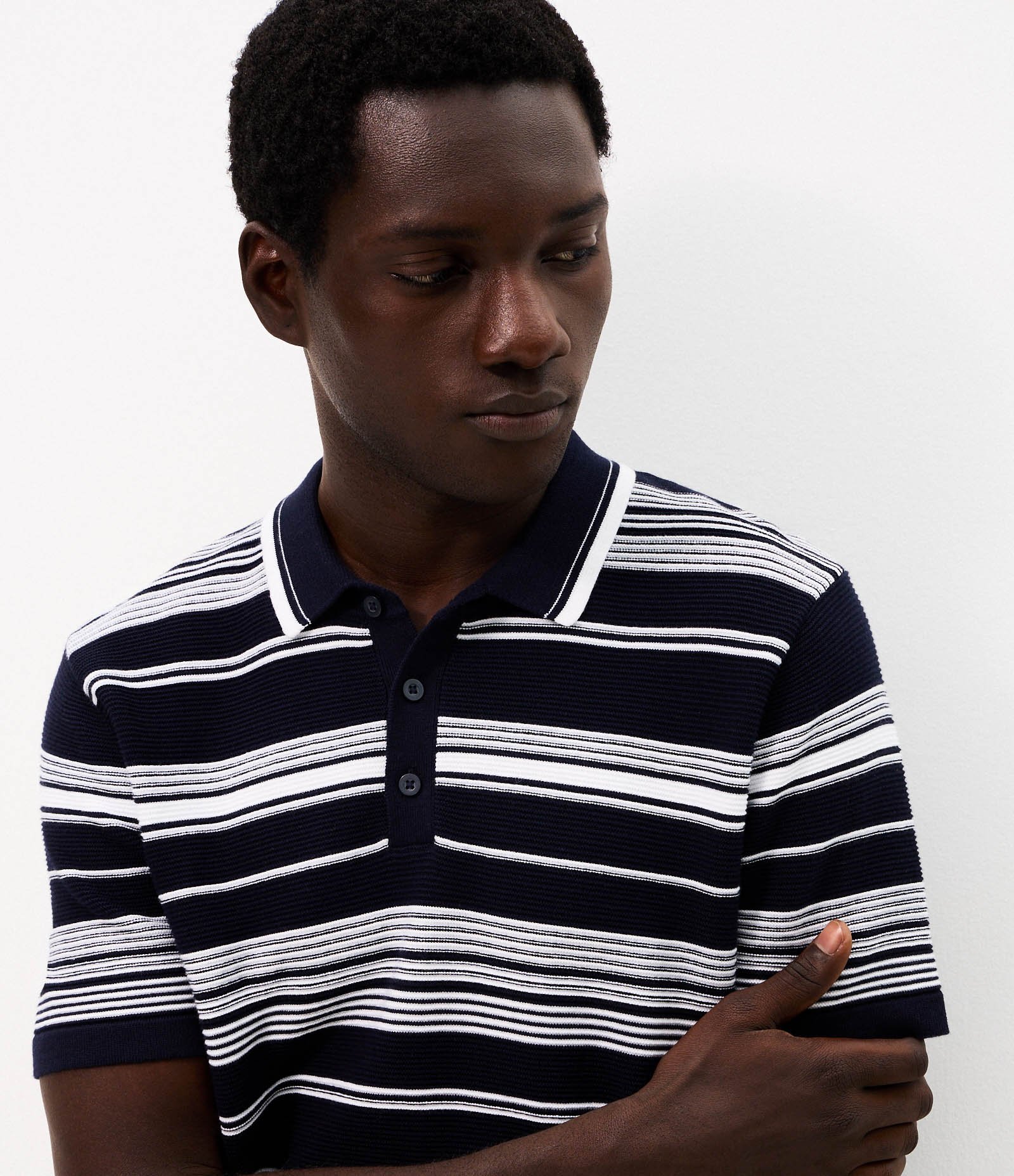 Polo Slim Listrada Tricô Azul 4