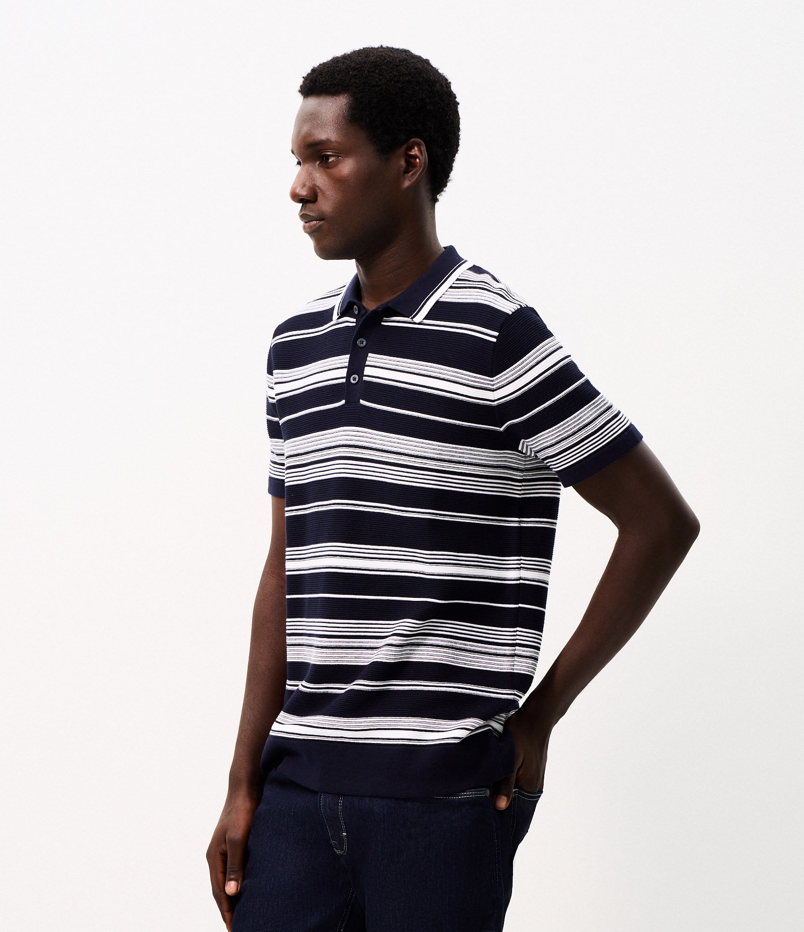 Polo Slim Listrada Tricô Azul 5