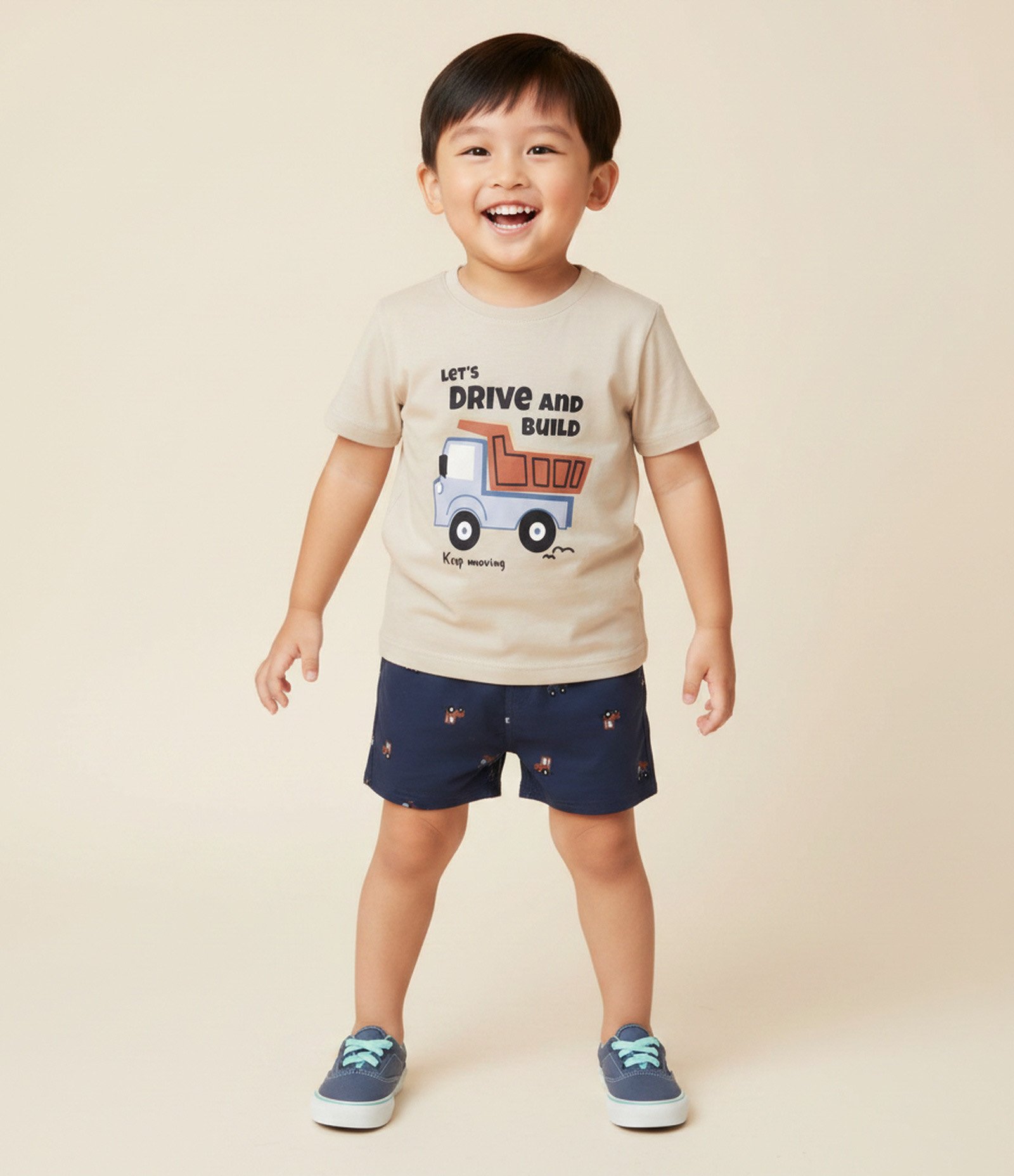 Conjunto Infantil com Estampa Fullprint Carrinhos – Tam 1 a 6 Anos Bege/Azul 1