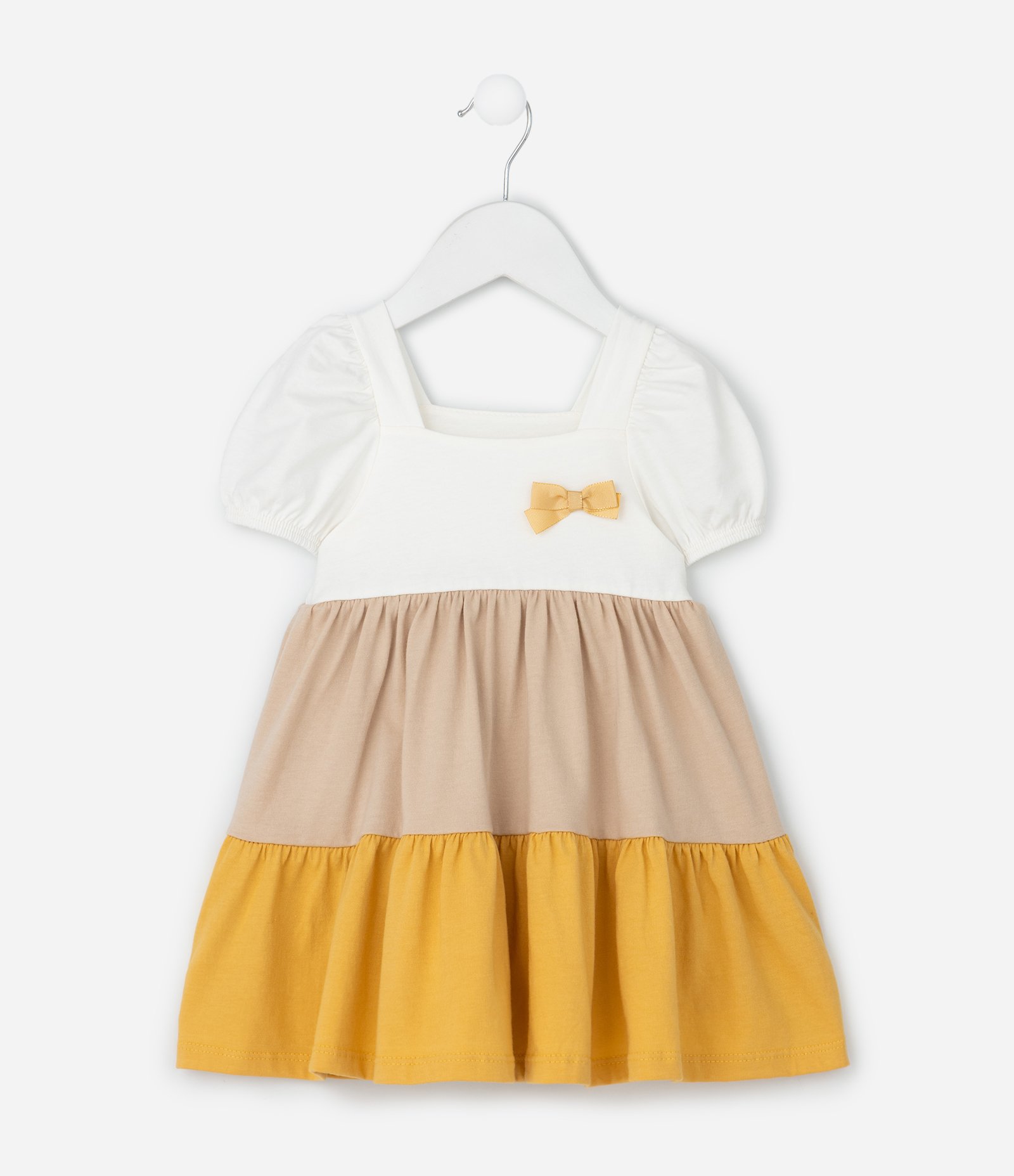 Vestido Infantil com Recortes Marias e Laço – Tam 0 a 18 Meses Branco/Bege/Amarelo 1