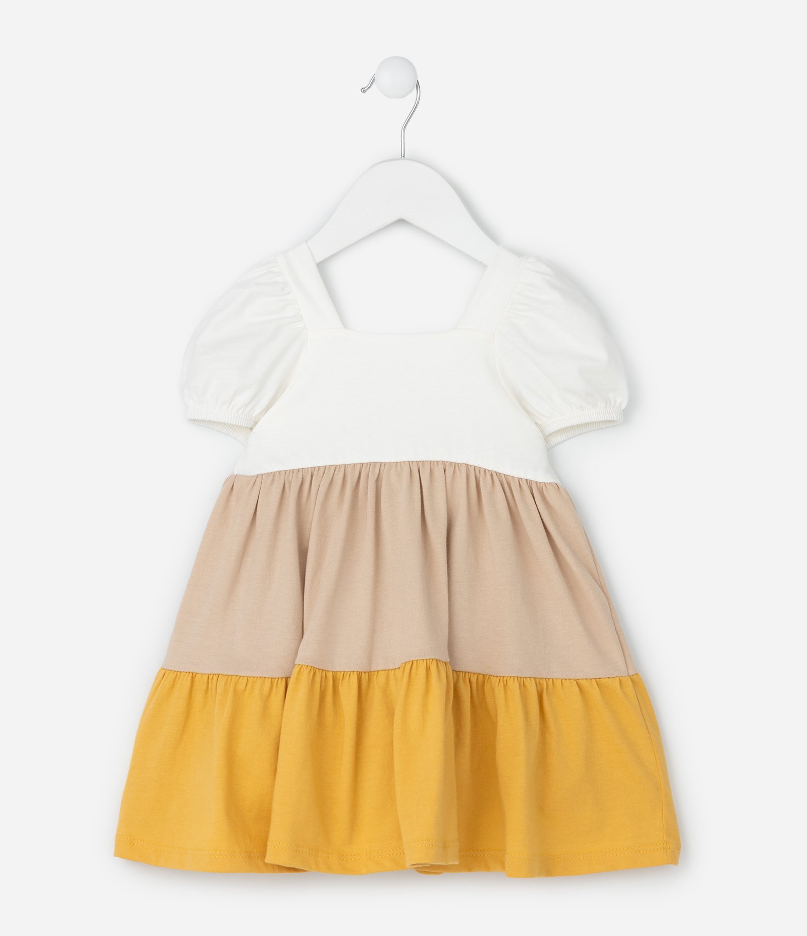 Vestido Infantil com Recortes Marias e Laço – Tam 0 a 18 Meses Branco/Bege/Amarelo 2