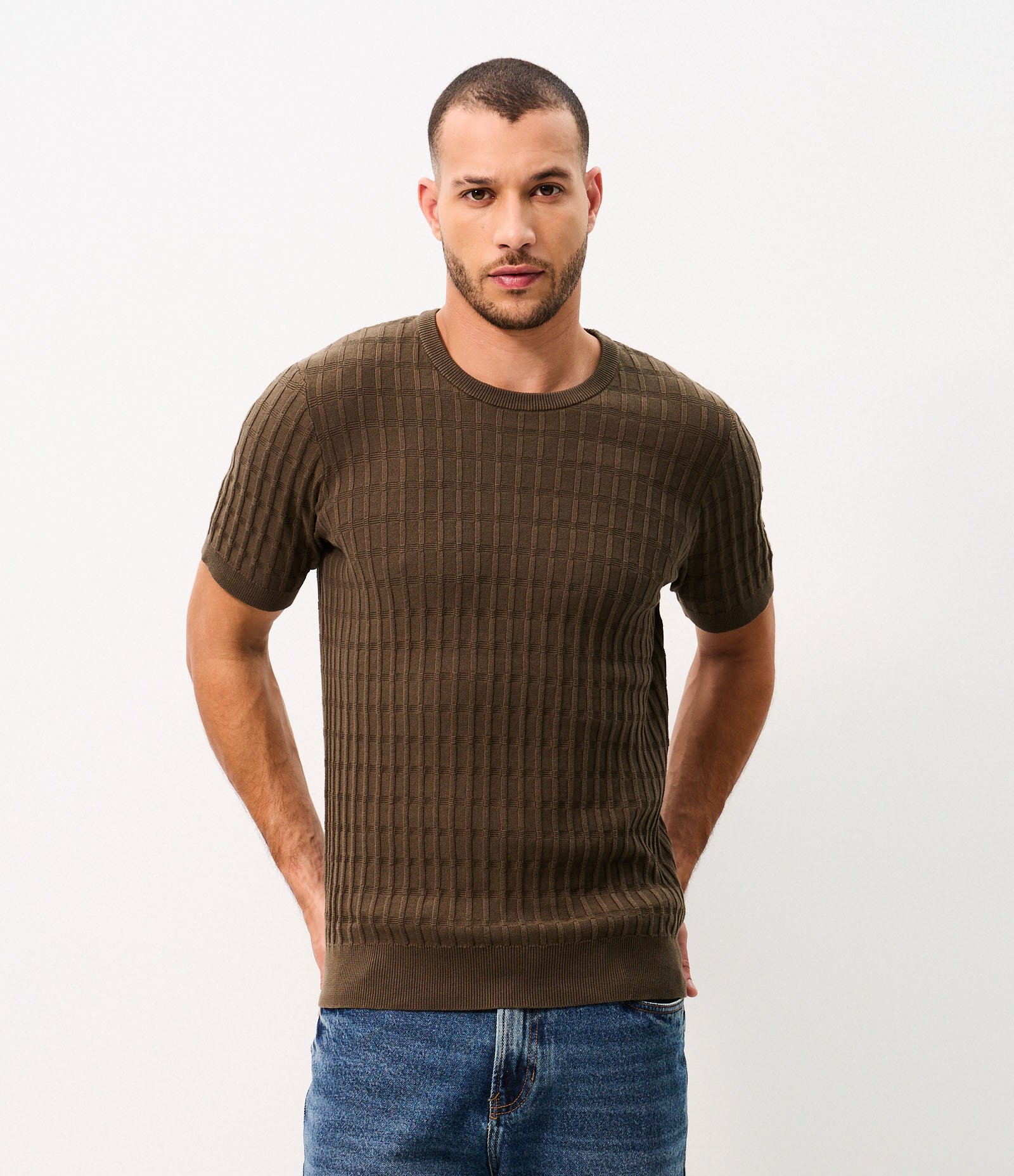 Camiseta Manga Curta com Quadradinhos Texturizado Marrom 1