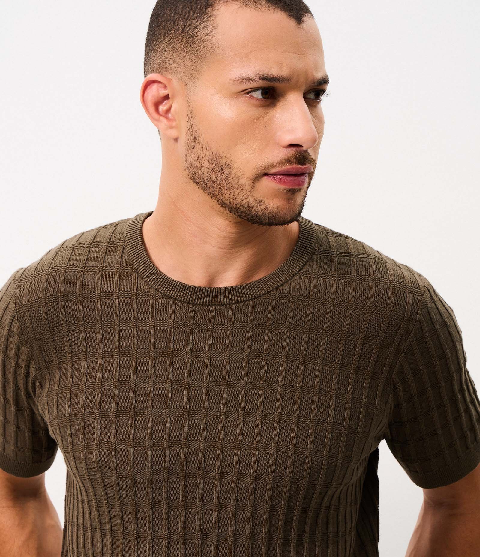 Camiseta Manga Curta com Quadradinhos Texturizado Marrom 4