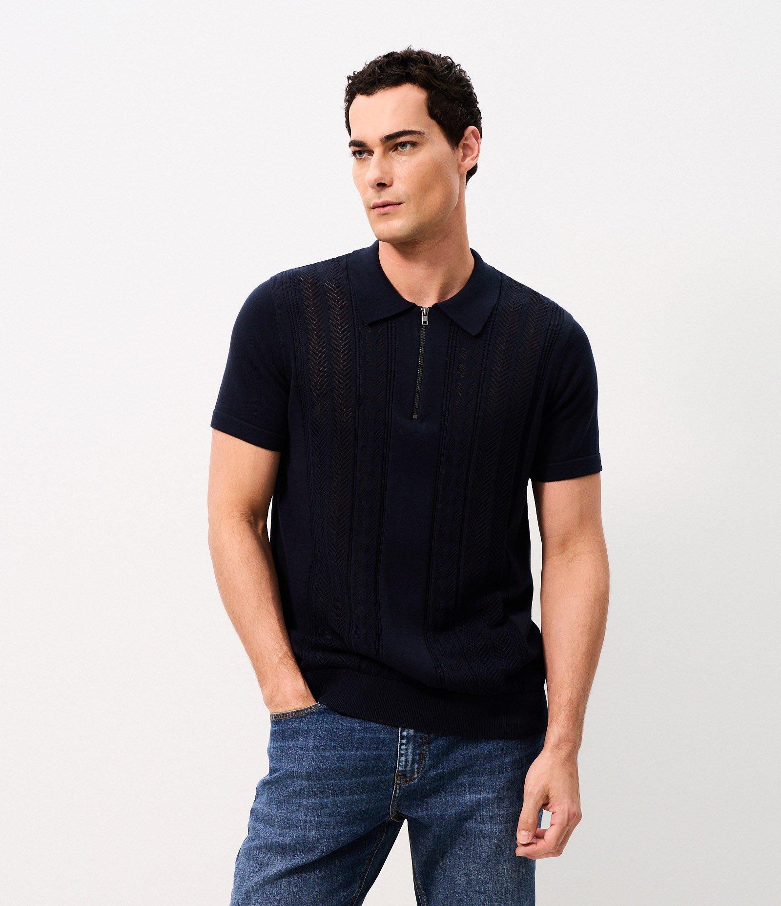 Polo Texturizada Half Zipper Algodão Azul 1