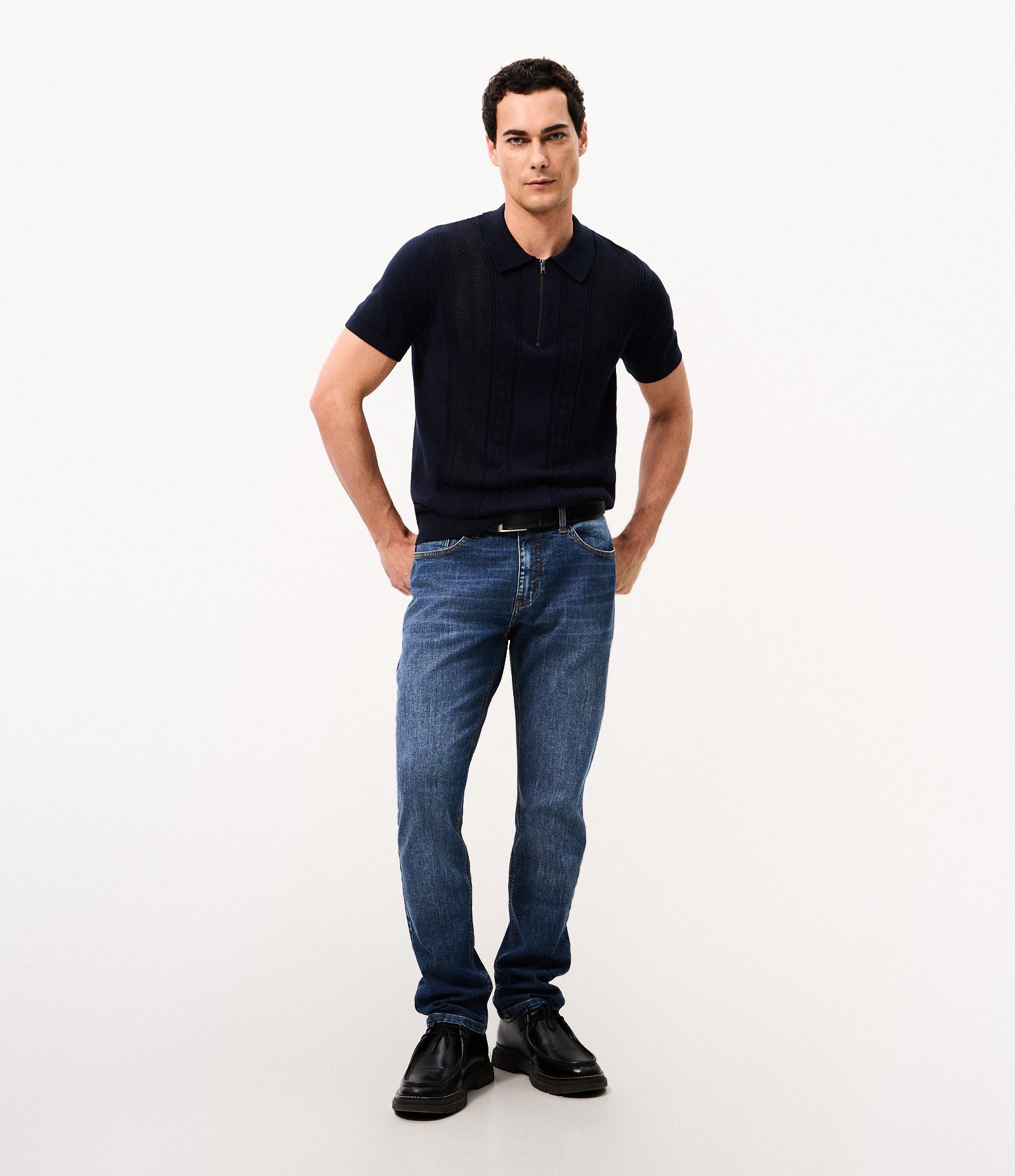 Polo Texturizada Half Zipper Algodão Azul 2