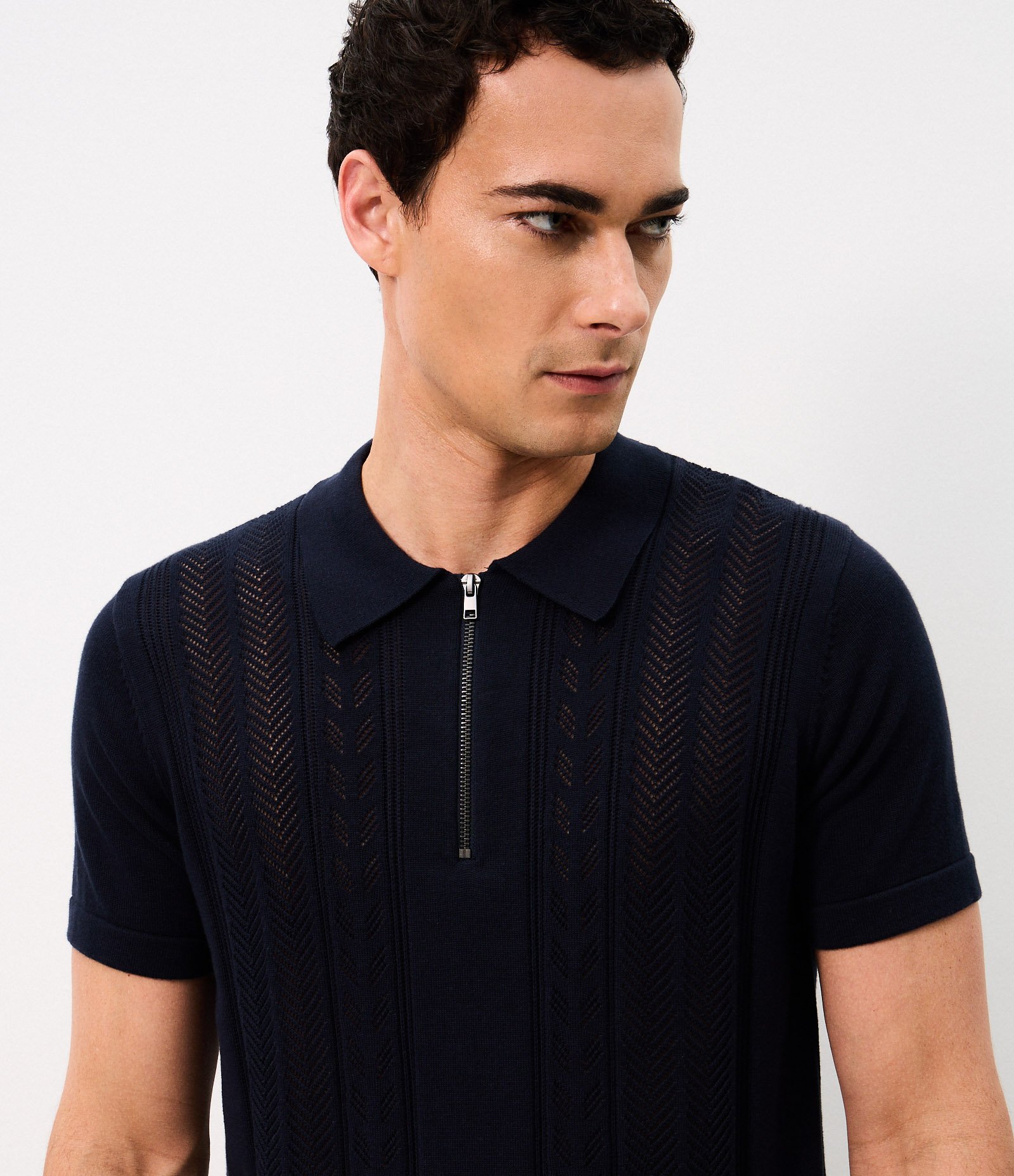 Polo Texturizada Half Zipper Algodão Azul 4