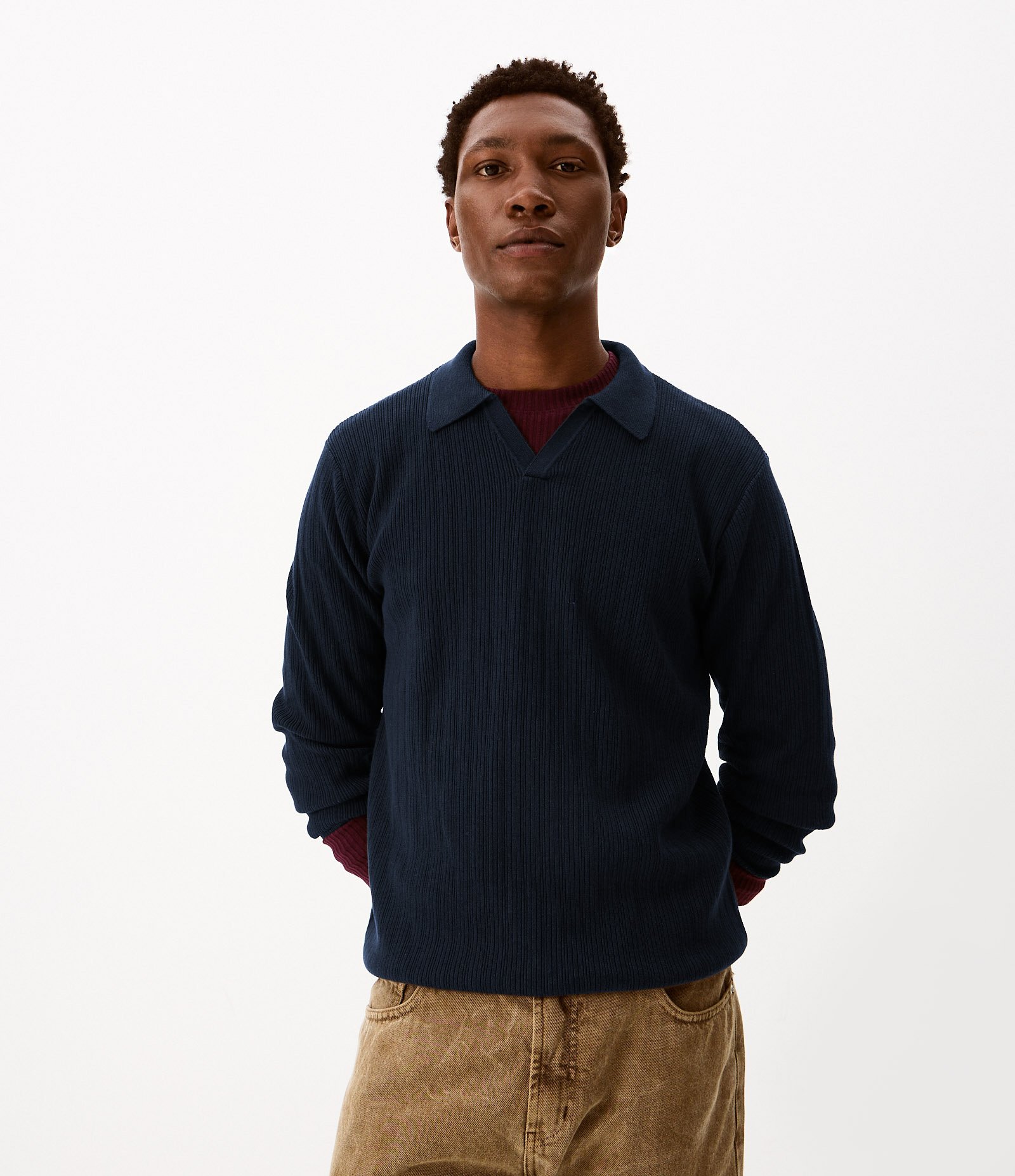 Suéter em Tricô Canelado com Gola Polo em V Azul 2