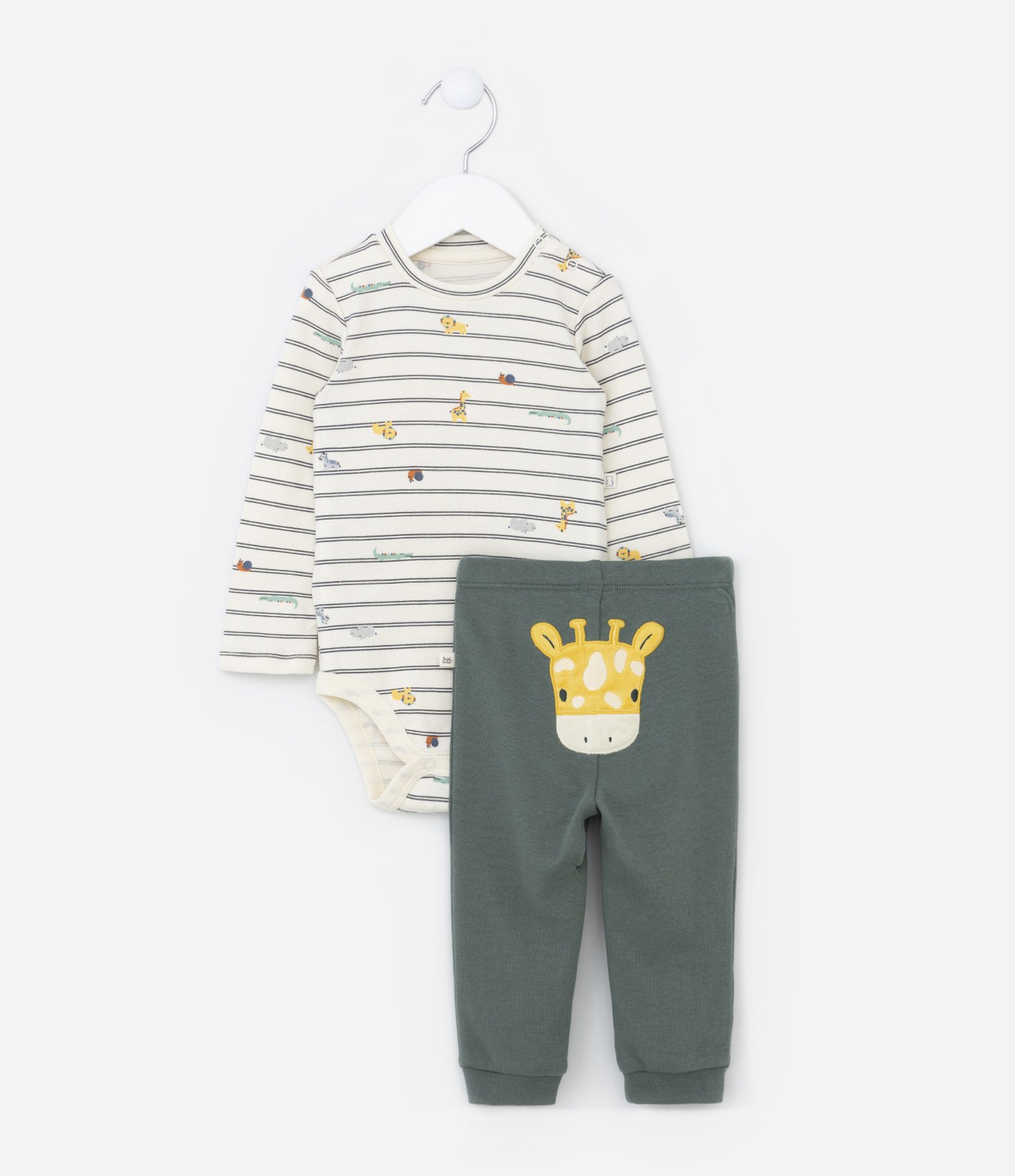 Conjunto Infantil Body Listrado e Calça com Estampa Girafa – Tam RN a 18 Meses Off White/Verde 1