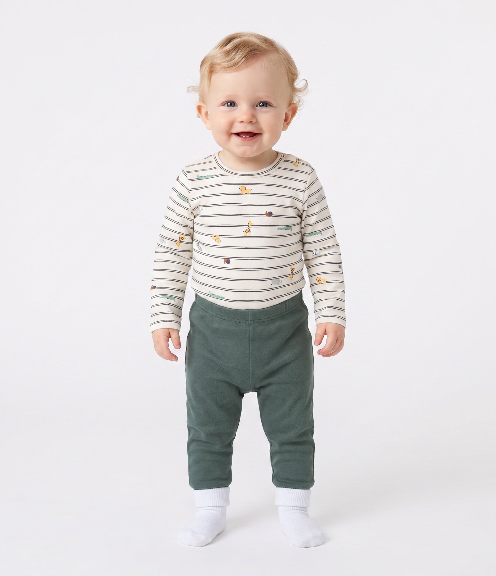 Conjunto Infantil Body Listrado e Calça com Estampa Girafa – Tam RN a 18 Meses Off White/Verde 2