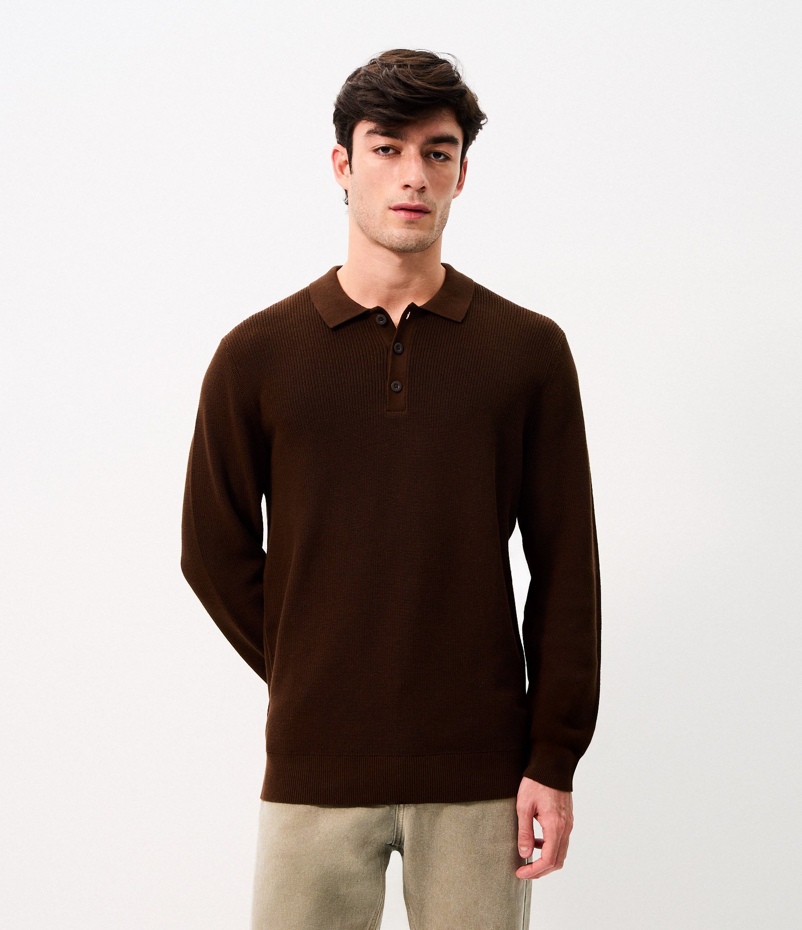 Suéter Texturizado com Gola Polo Marrom 1