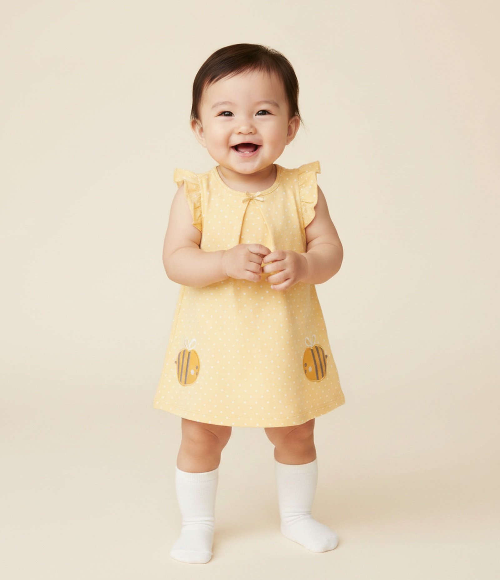 Vestido Body Infantil em Cotton com Poá e Bordado de Abelhas – Tam 0 a 18 Meses Amarelo 1