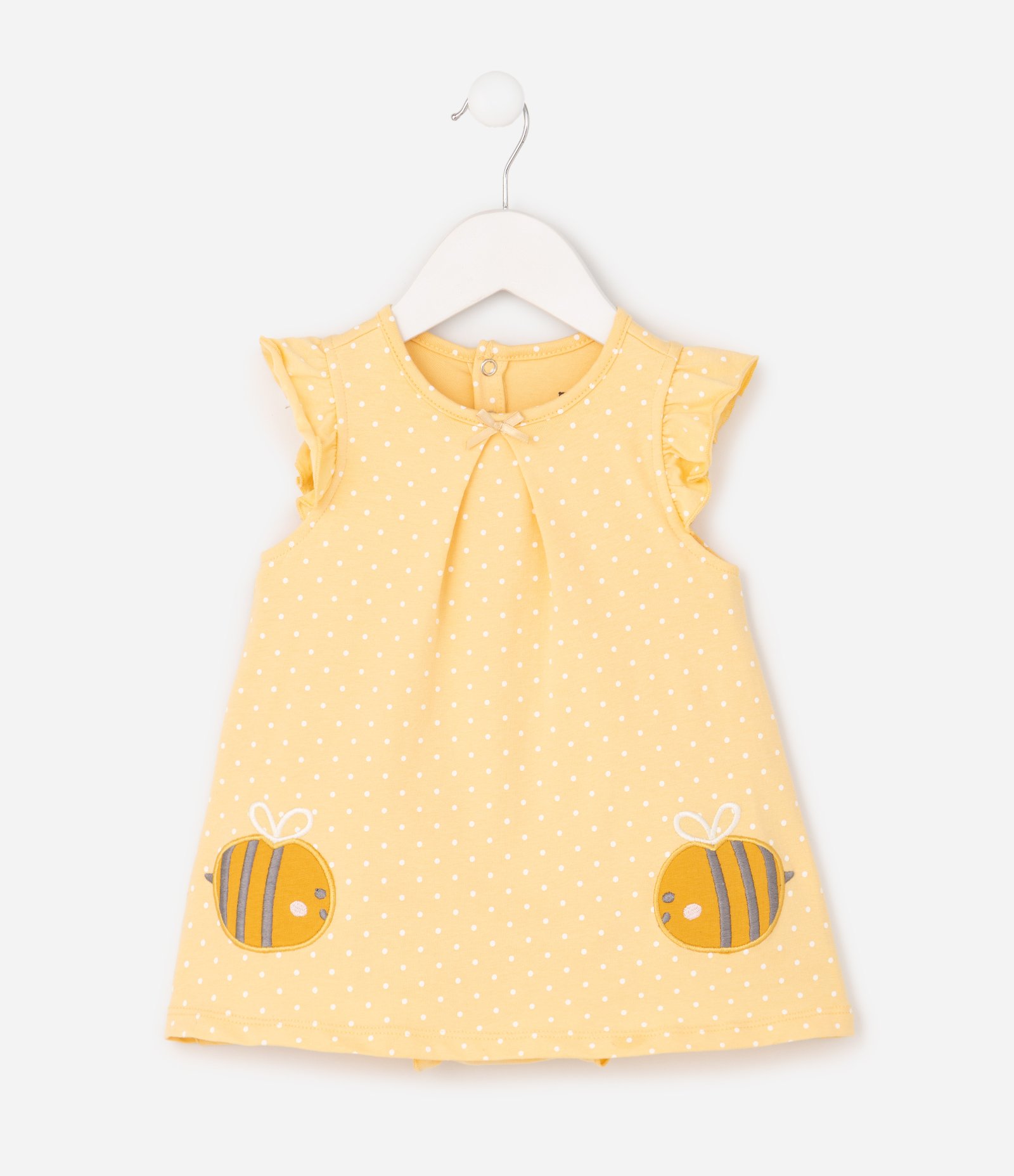 Vestido Body Infantil em Cotton com Poá e Bordado de Abelhas – Tam 0 a 18 Meses Amarelo 2