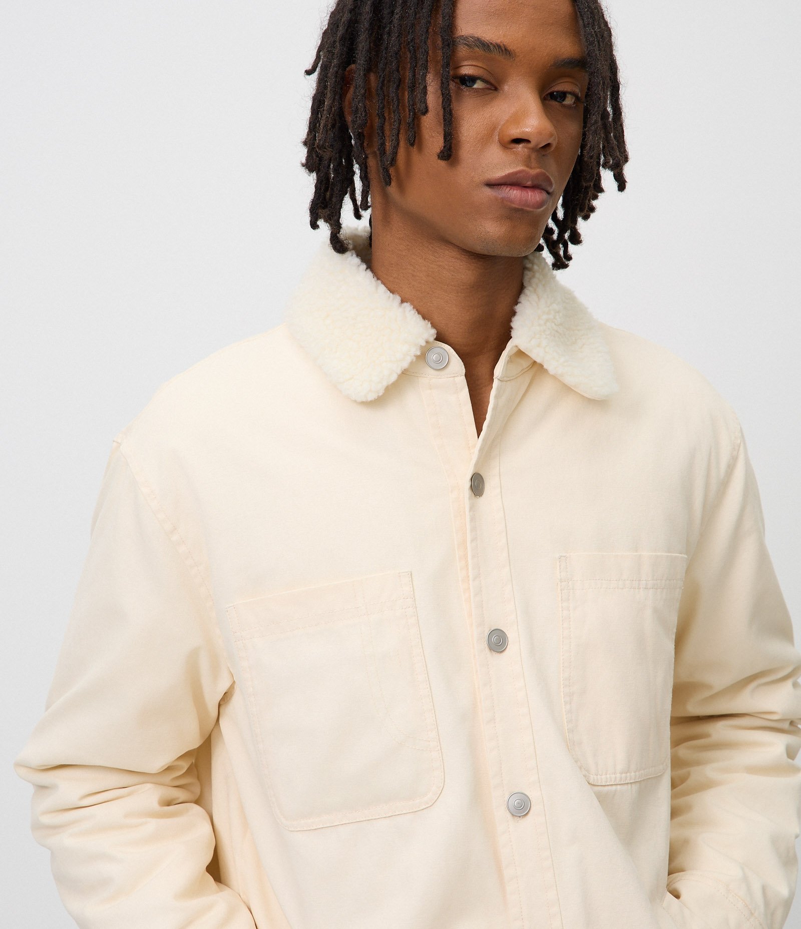 Jaqueta Masculina Oversized Sarja com Gola de Sherpa Off White 4