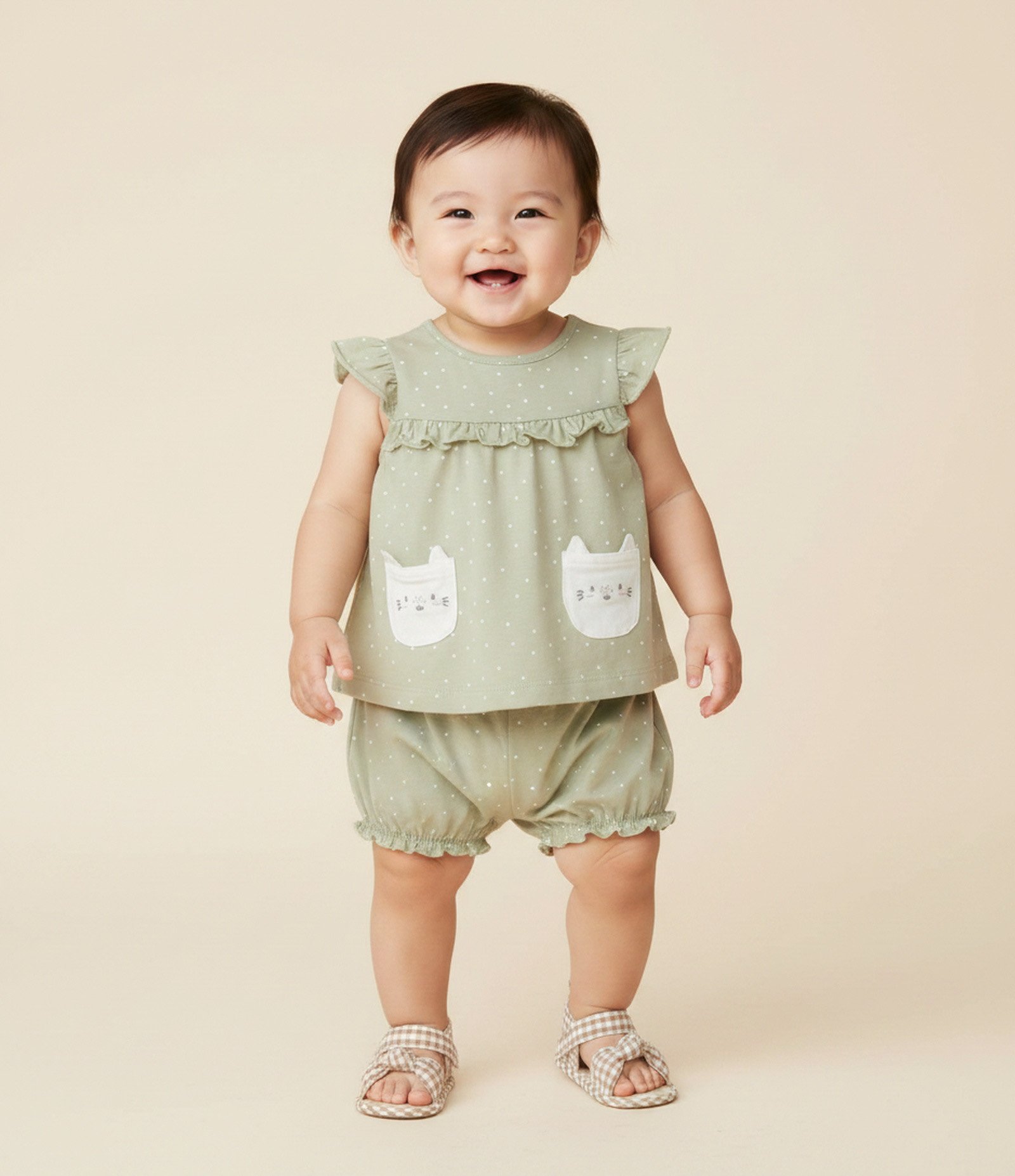 Conjunto Bebê com Bolso de Gatinhos e Corações – Tam 0 a 18 Meses Verde Claro 1