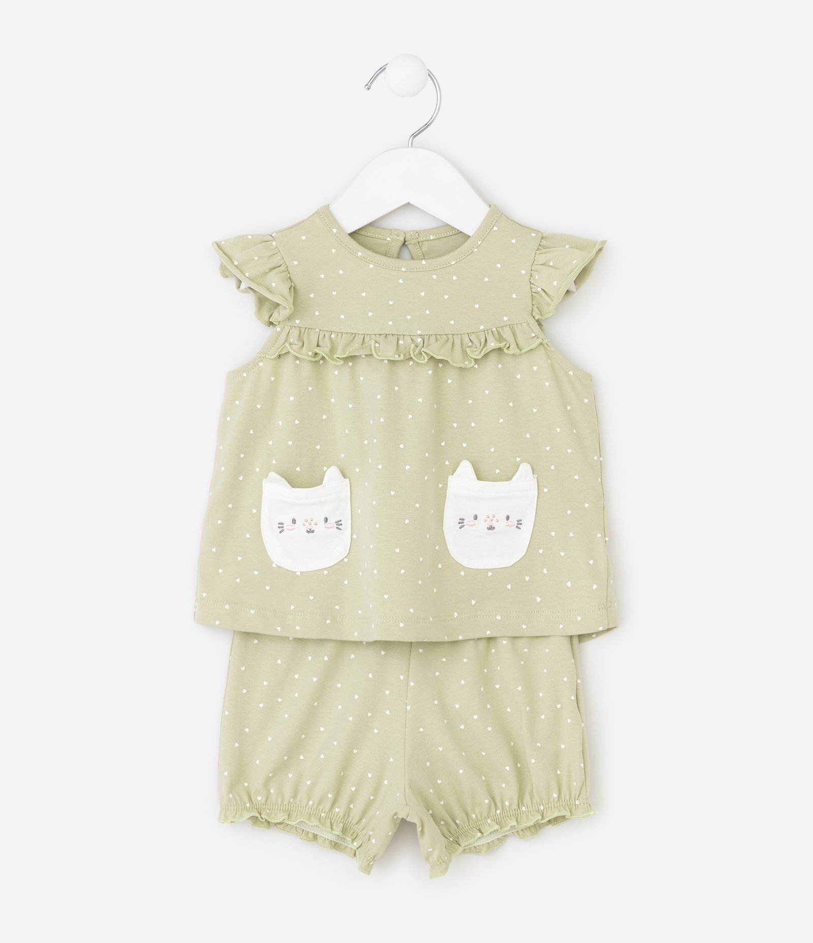 Conjunto Bebê com Bolso de Gatinhos e Corações – Tam 0 a 18 Meses Verde Claro 2