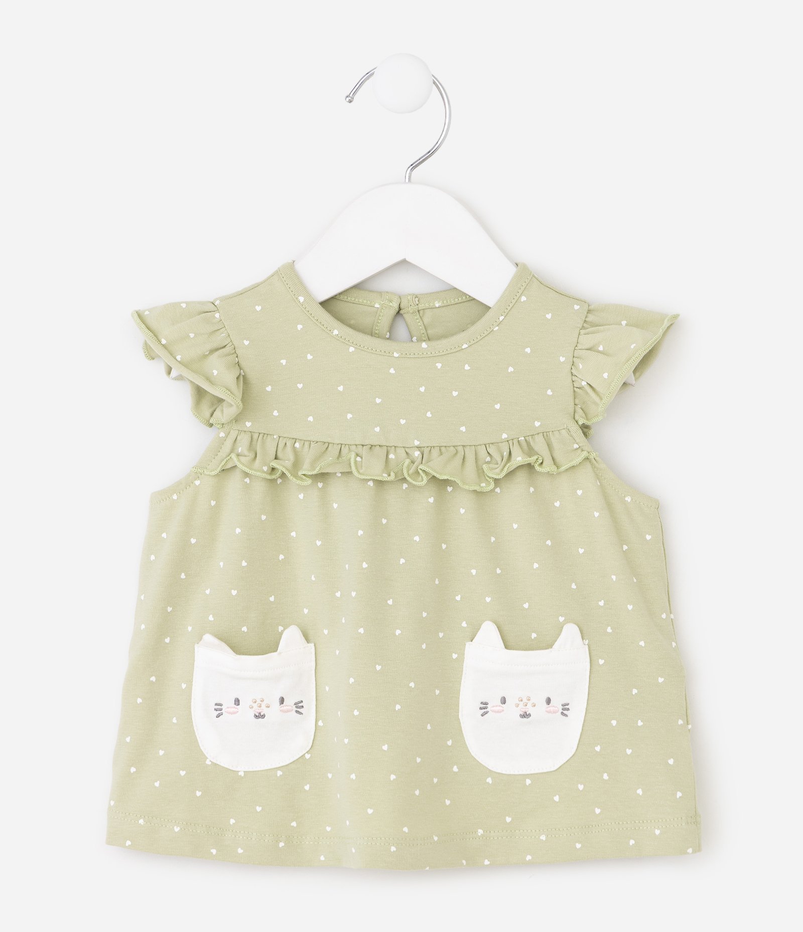 Conjunto Bebê com Bolso de Gatinhos e Corações – Tam 0 a 18 Meses Verde Claro 3
