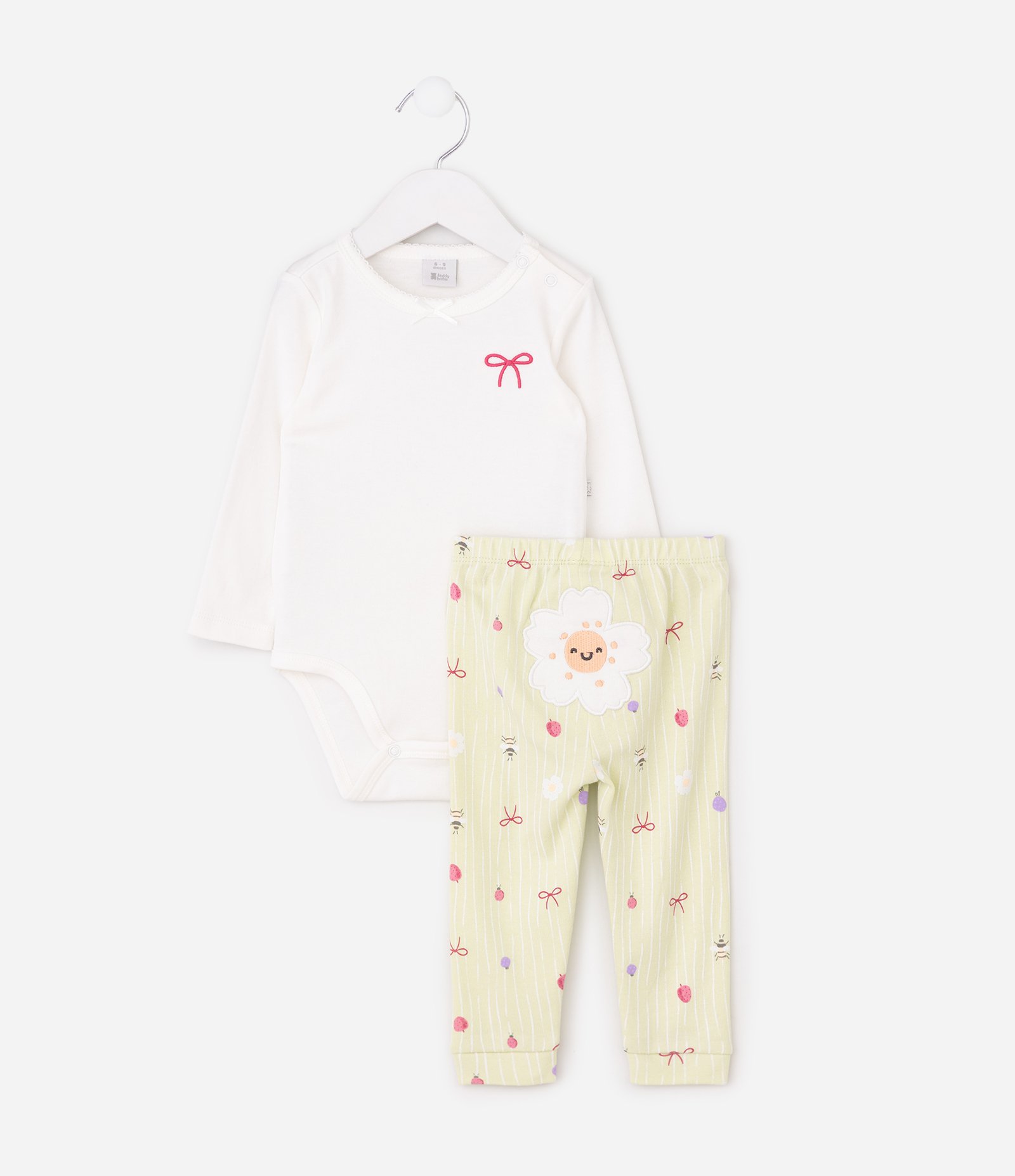 Conjunto Infantil com Estampa Floral e Bordados – Tam RN a 18 Meses Branco/Verde Claro 2