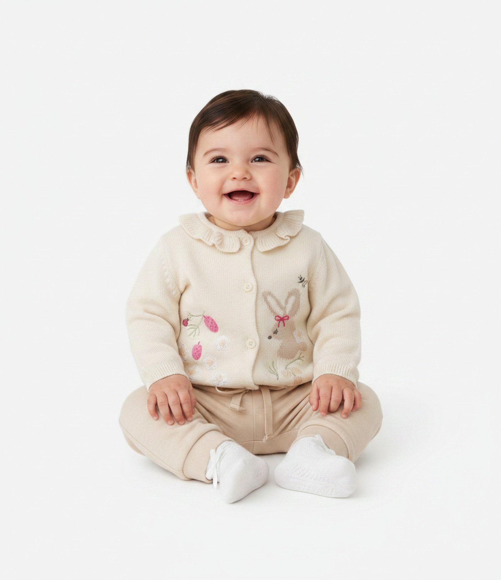 Cardigan Bebê em Tricô Leve com Bordado Floral - Tam 0 a 18 Meses Bege 1